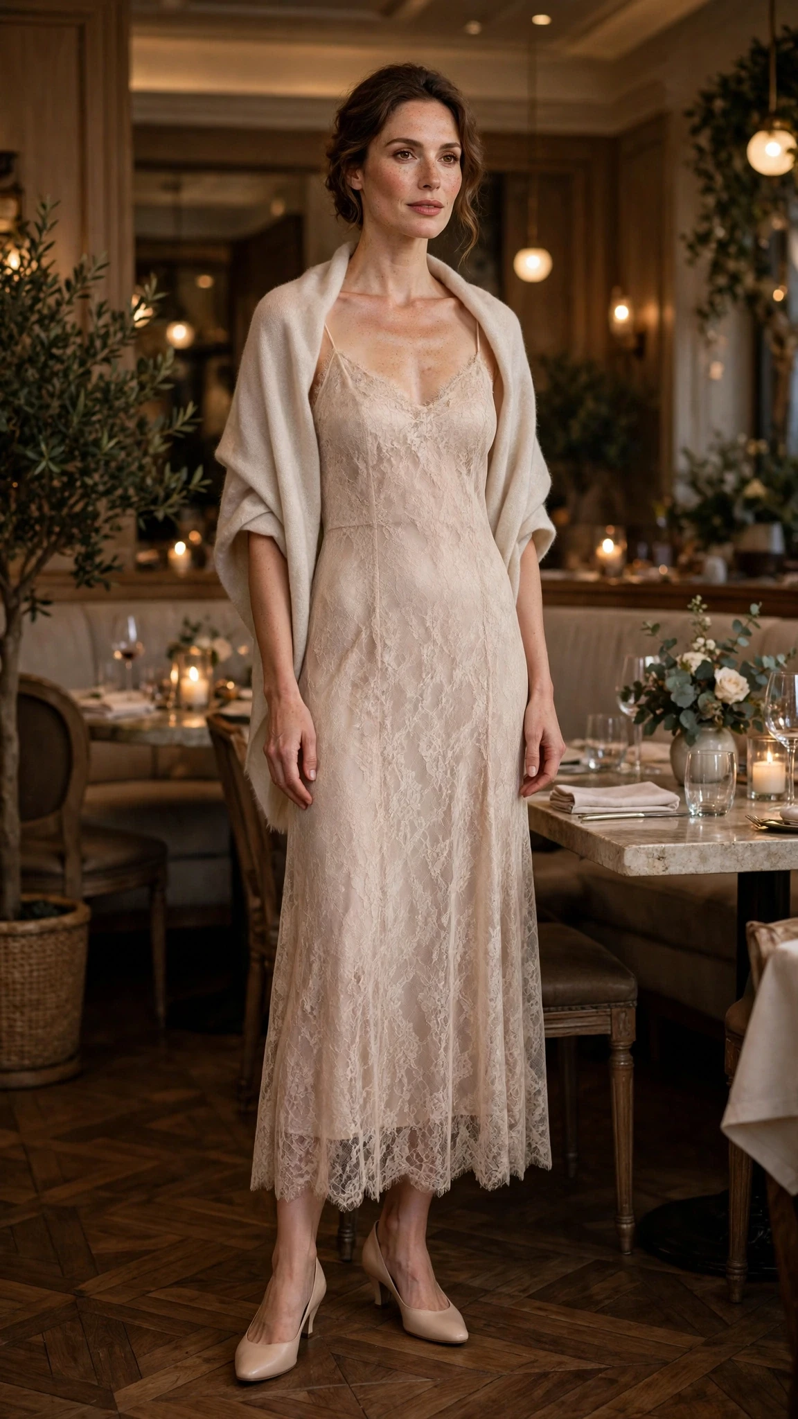 Champagne lace slip dress with low-heeled pumps and a cashmere wrap