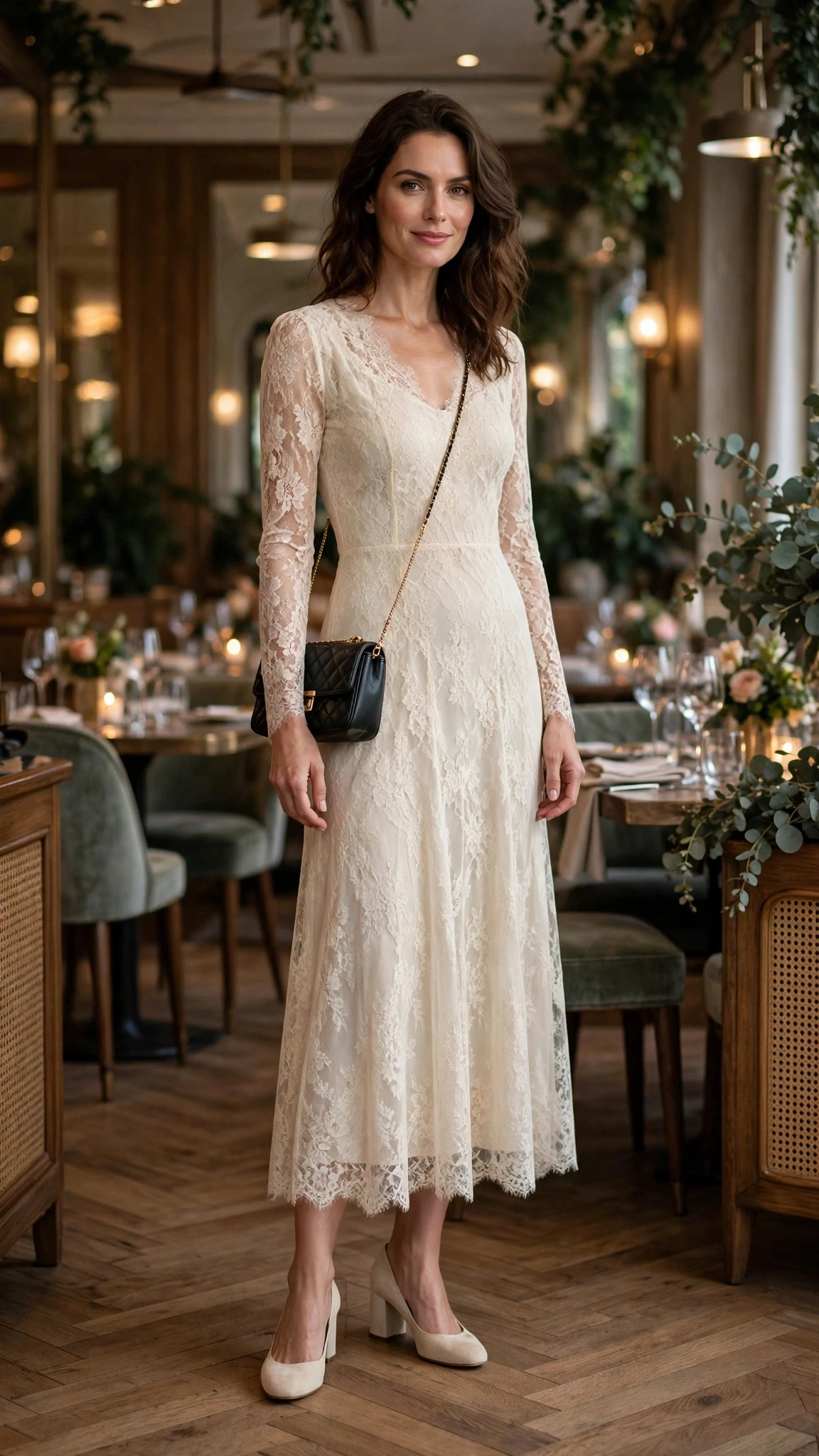 Cream lace long-sleeve dress with comfortable block heels and a chic crossbody bag