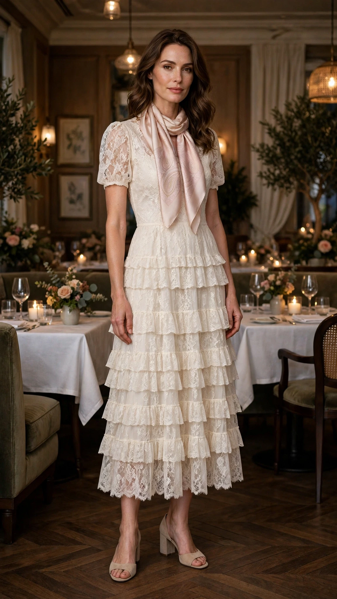 Ivory lace tiered dress with comfortable block heels and a silk scarf