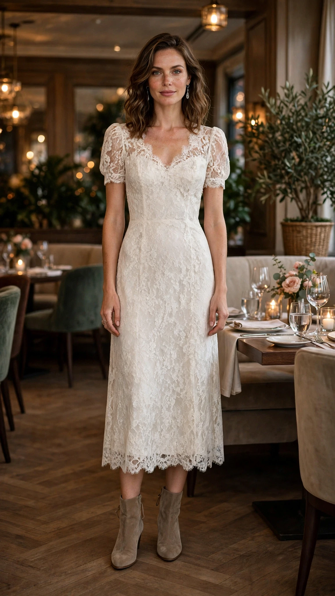Ivory lace midi wedding guest dress with suede ankle boots and silver drop earrings