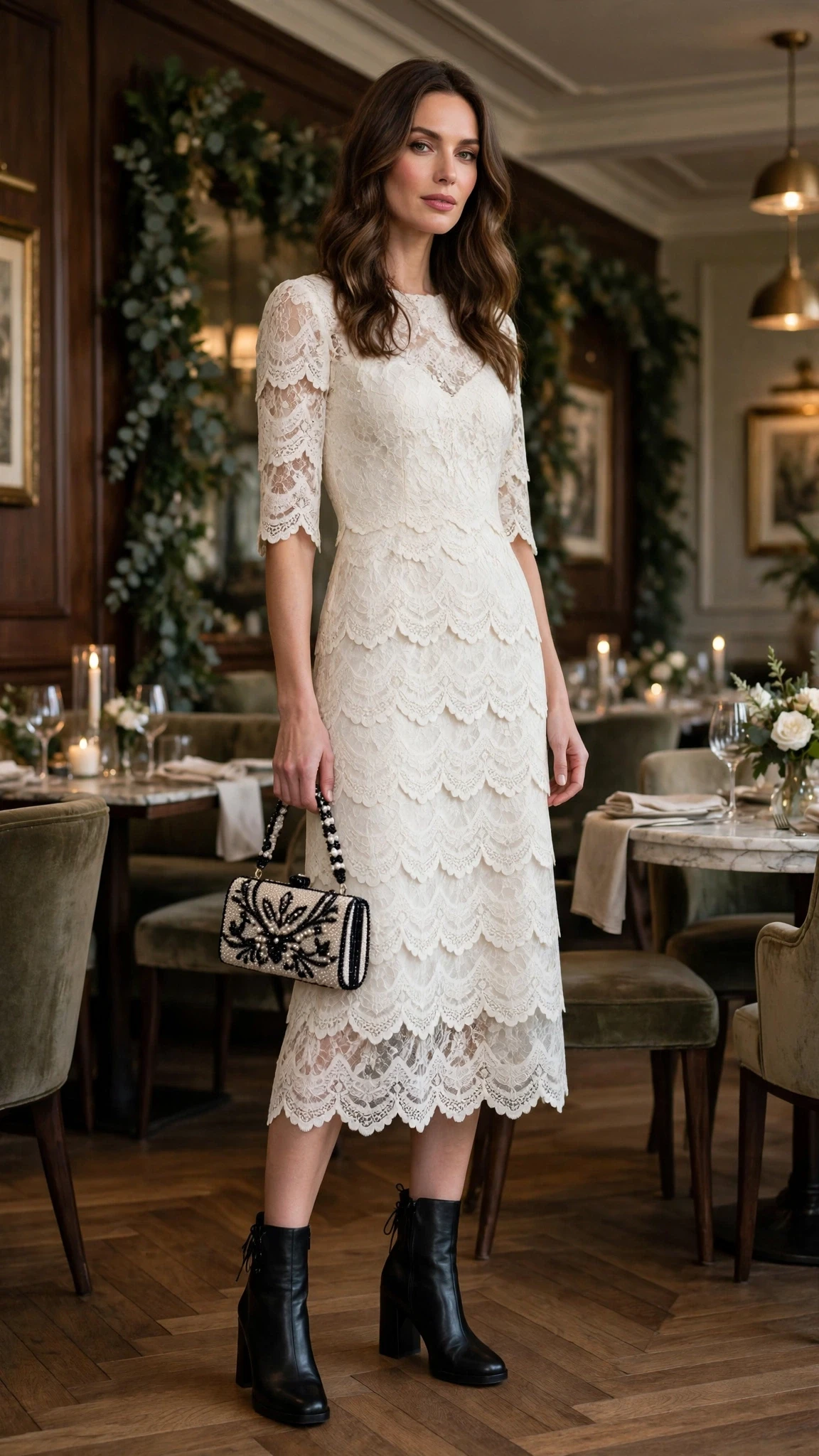 Ivory lace scalloped dress with block-heel ankle boots and a beaded clutch
