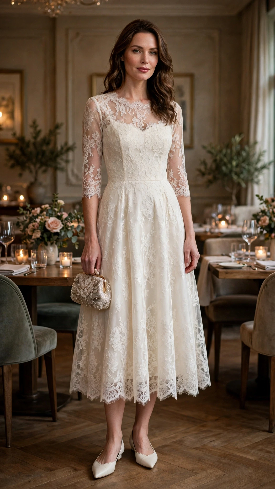 Ivory lace fit-and-flare dress with elegant pointed flats and a beaded clutch