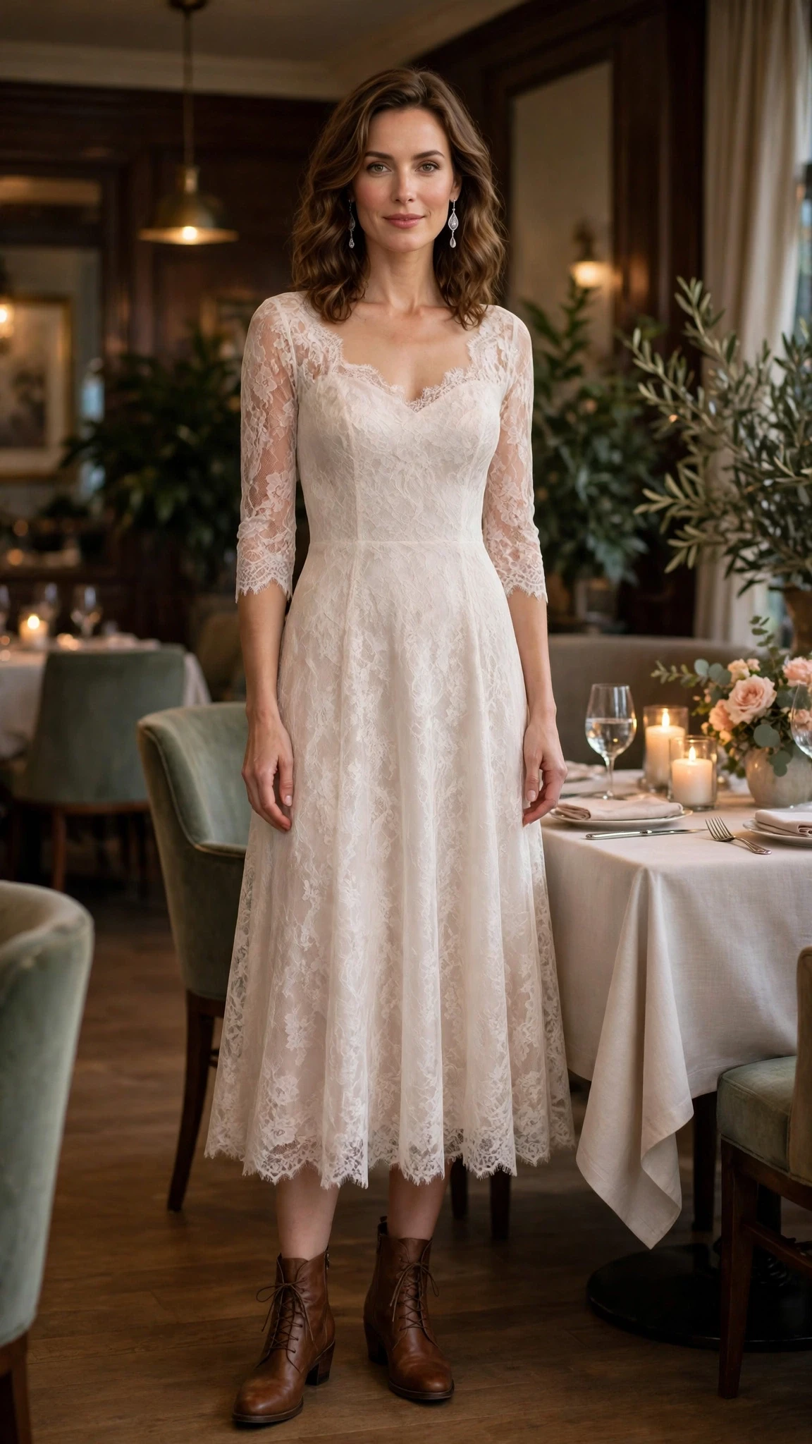Soft lace midi wedding guest dress with leather ankle boots and silver drop earrings