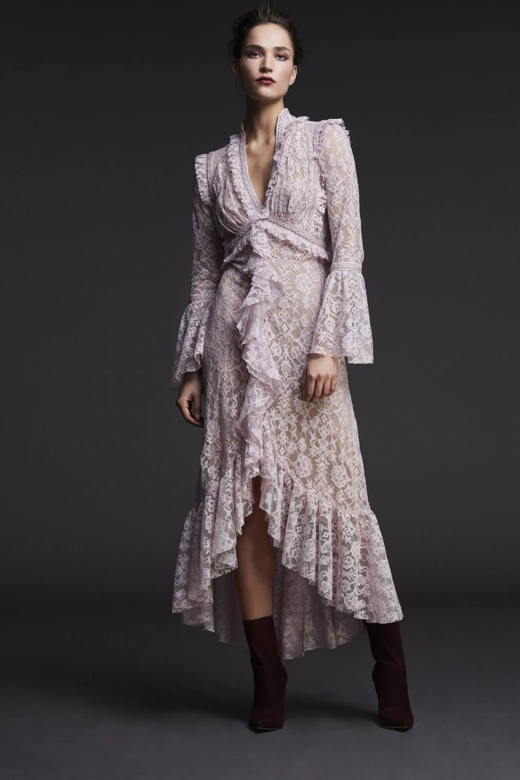 Soft lace tiered dress with leather ankle boots and a cashmere wrap