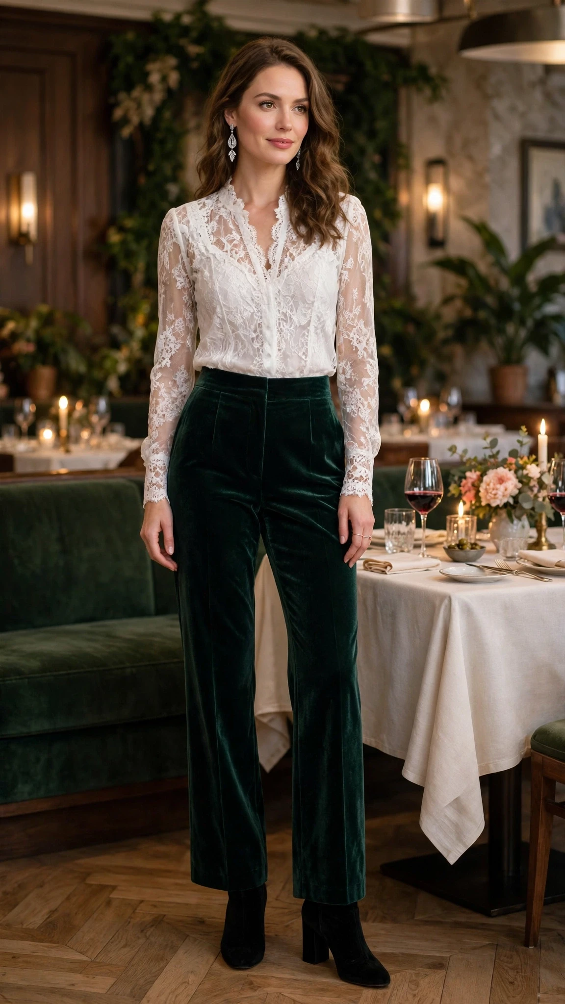 White lace top and velvet trouser outfit with block-heel ankle boots and silver drop earrings