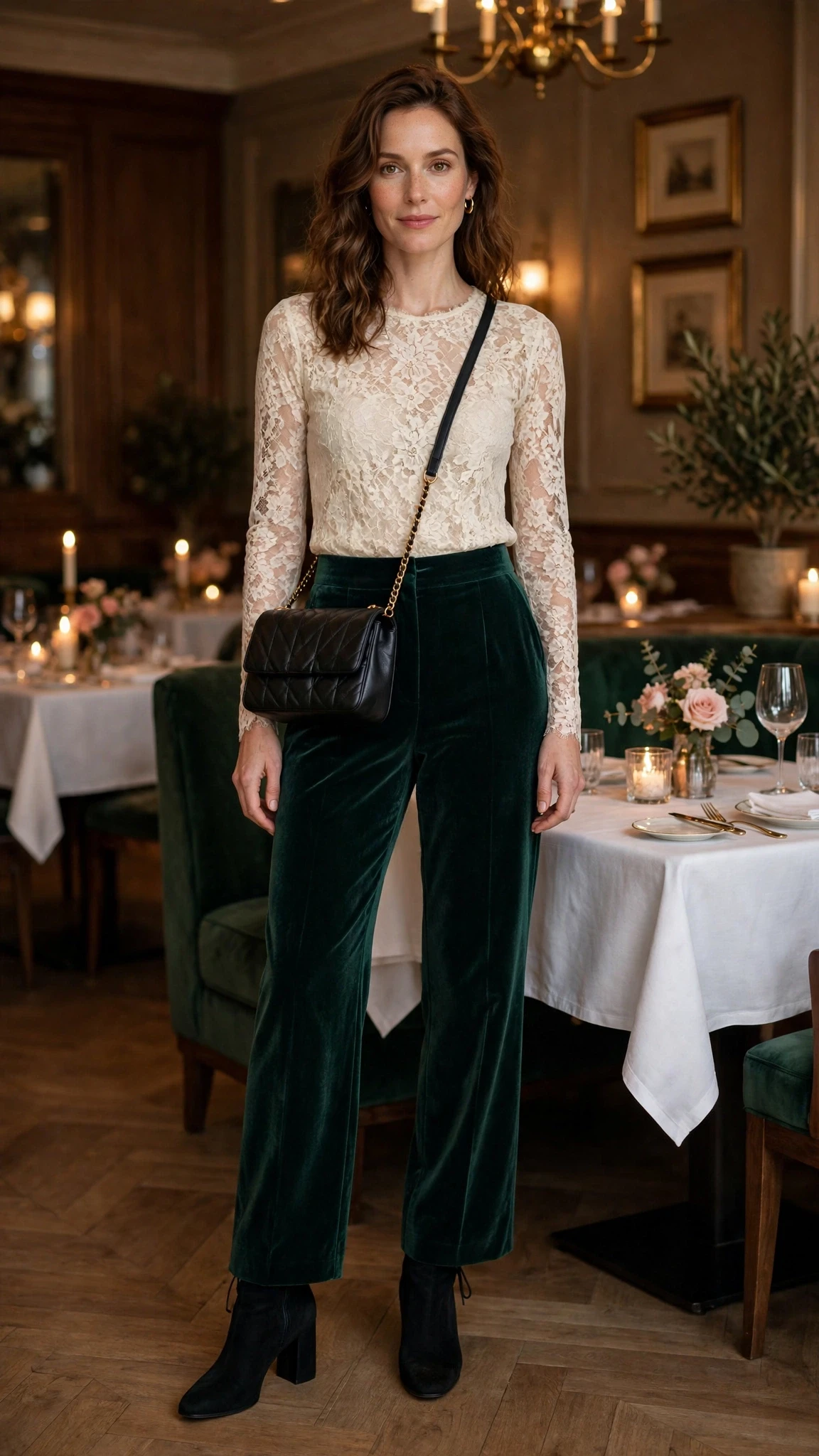 Cream lace top and velvet trouser outfit with block-heel ankle boots and a chic crossbody bag