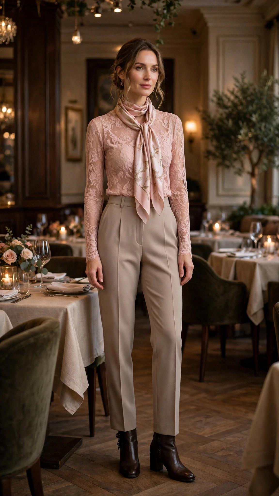 Blush lace top and tailored trouser outfit with block-heel ankle boots and a silk scarf