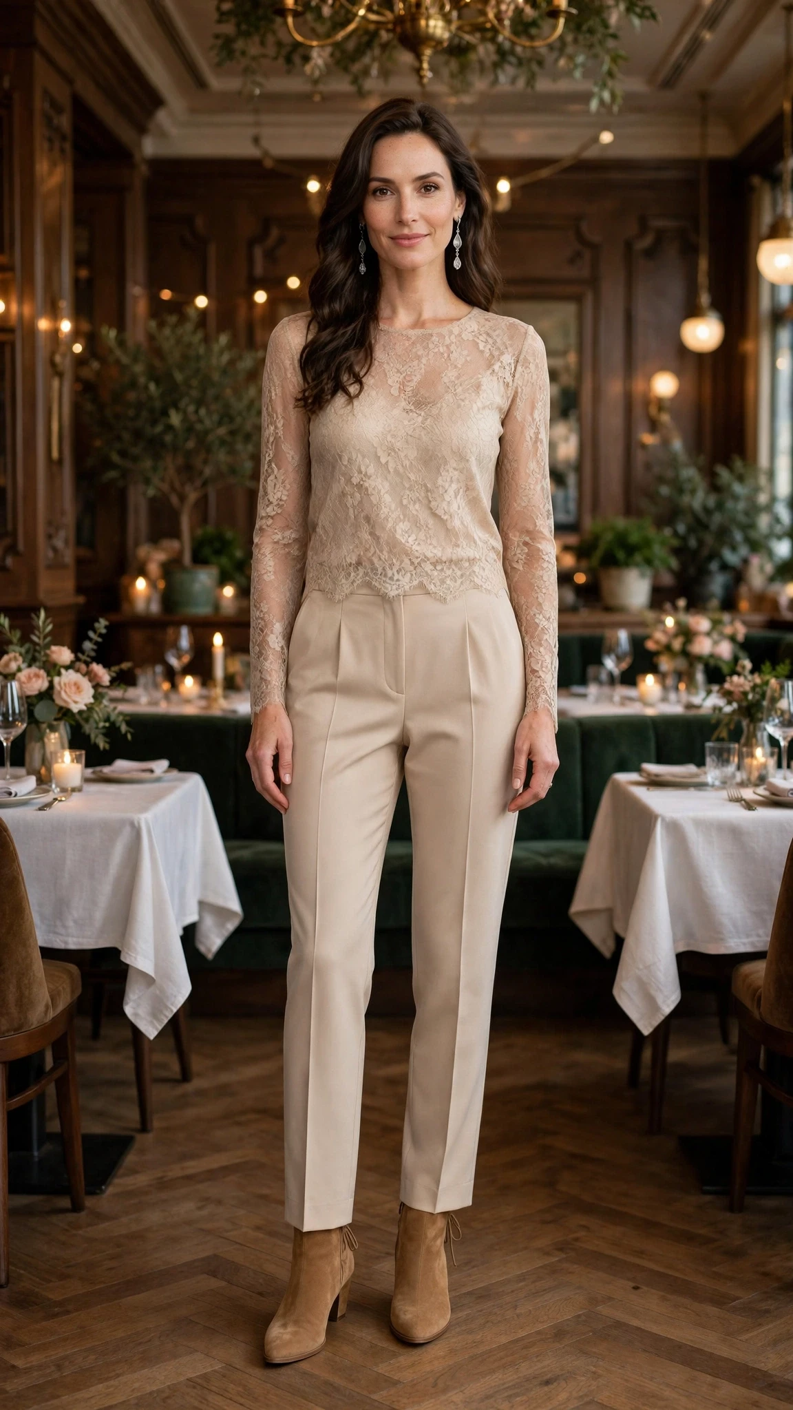 Champagne lace top and tailored trouser outfit with suede ankle boots and silver drop earrings