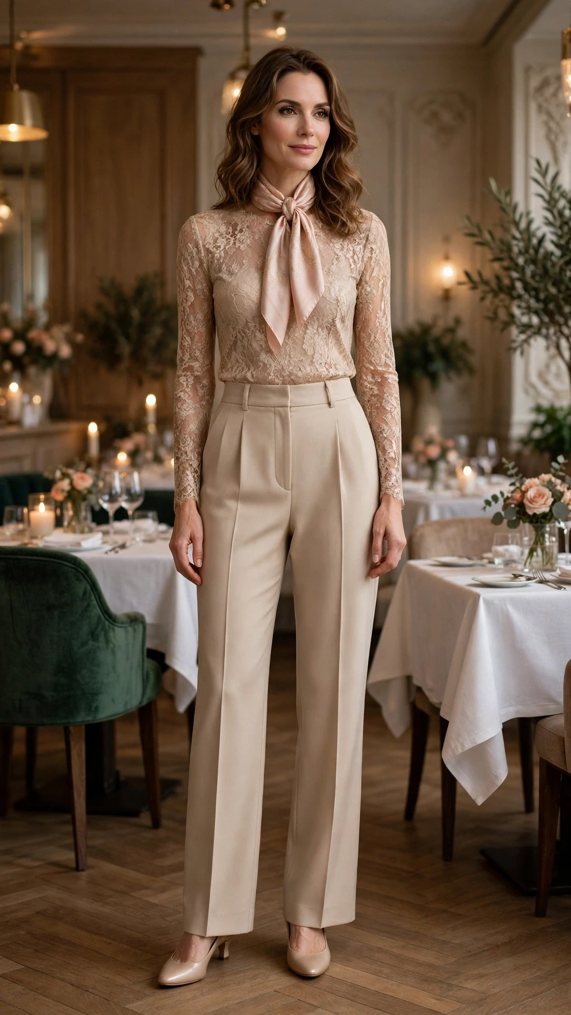Champagne lace top and high-waisted trouser outfit with low-heeled pumps and a silk scarf