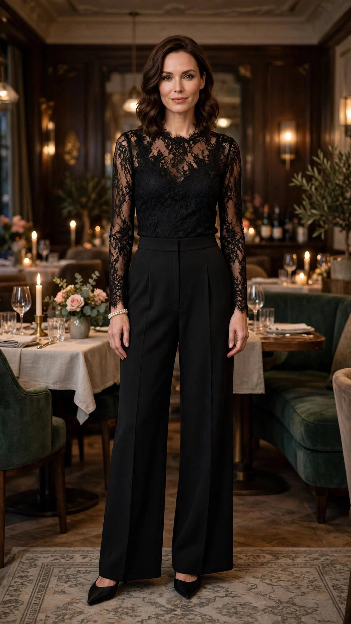 Black lace top and wide-leg trouser outfit with elegant pointed flats and a pearl bracelet