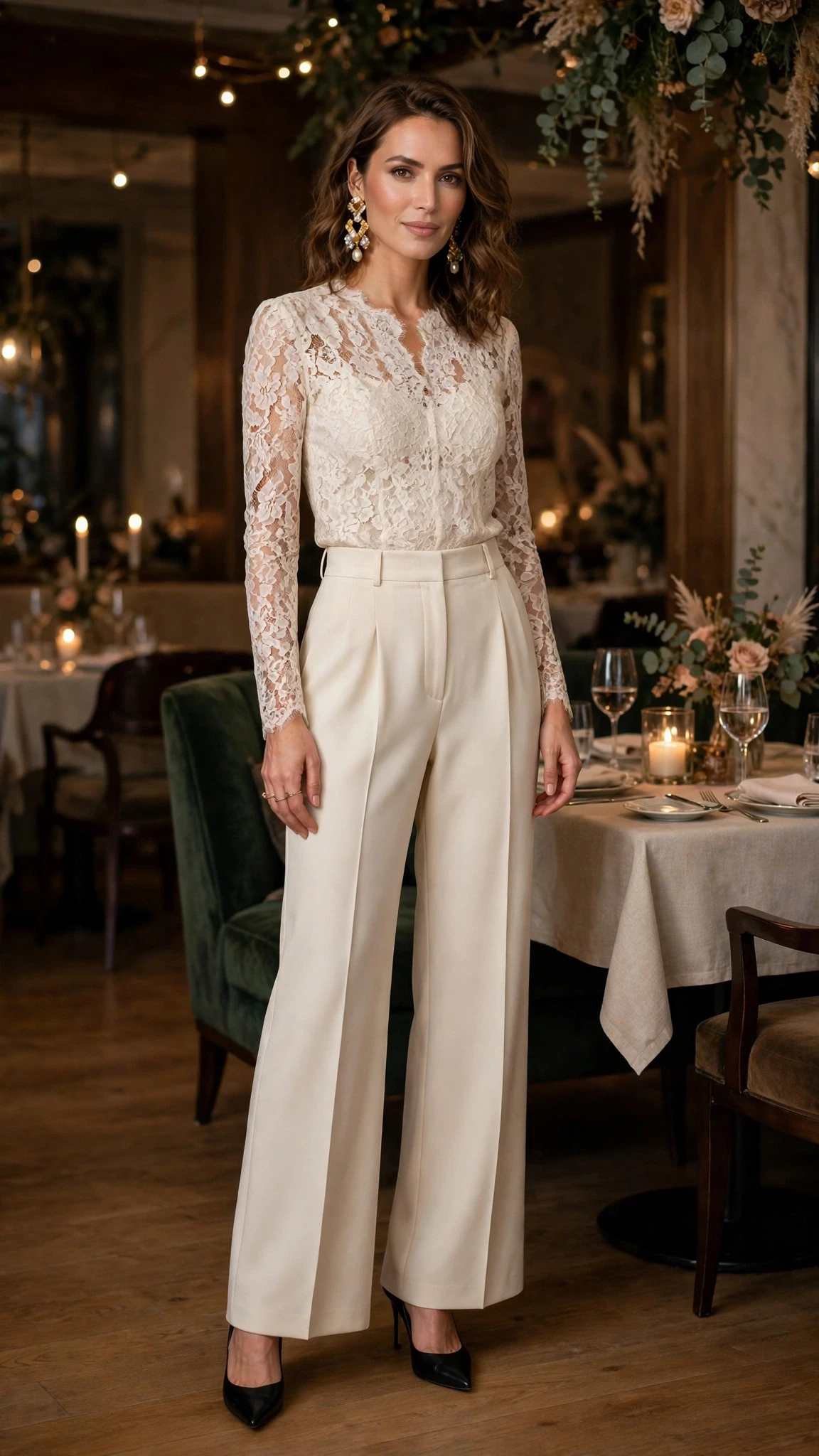 Ivory lace top and crepe trouser outfit with black pointed heels and statement earrings