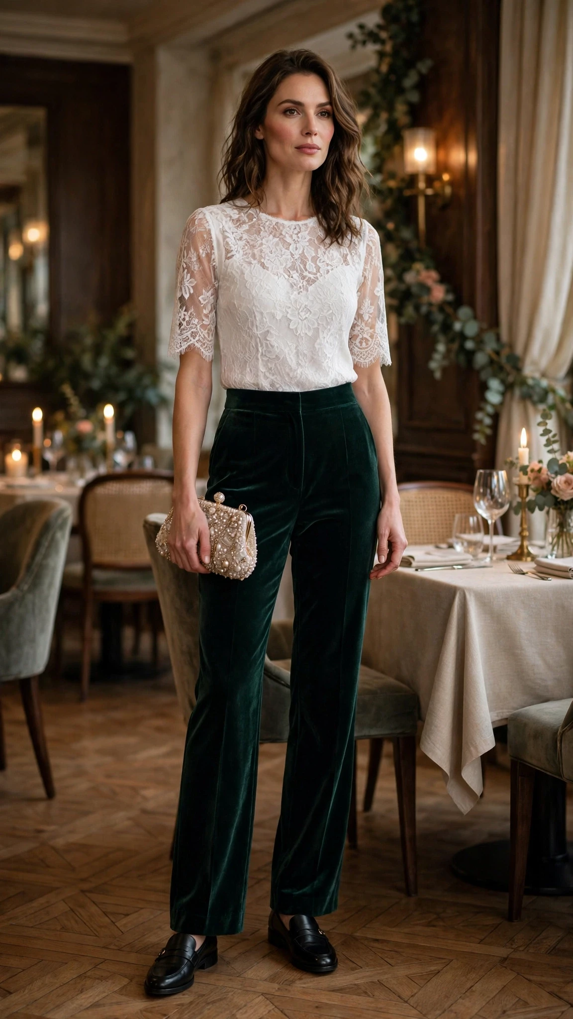White lace top and velvet trouser outfit with smart loafers and a beaded clutch