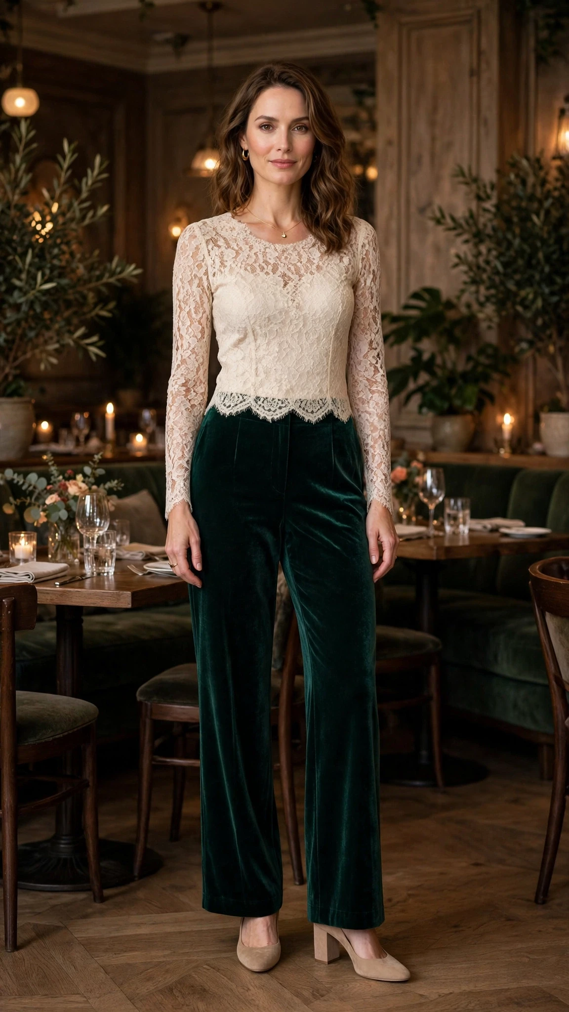 Cream lace top and velvet trouser outfit with comfortable block heels and a delicate gold necklace