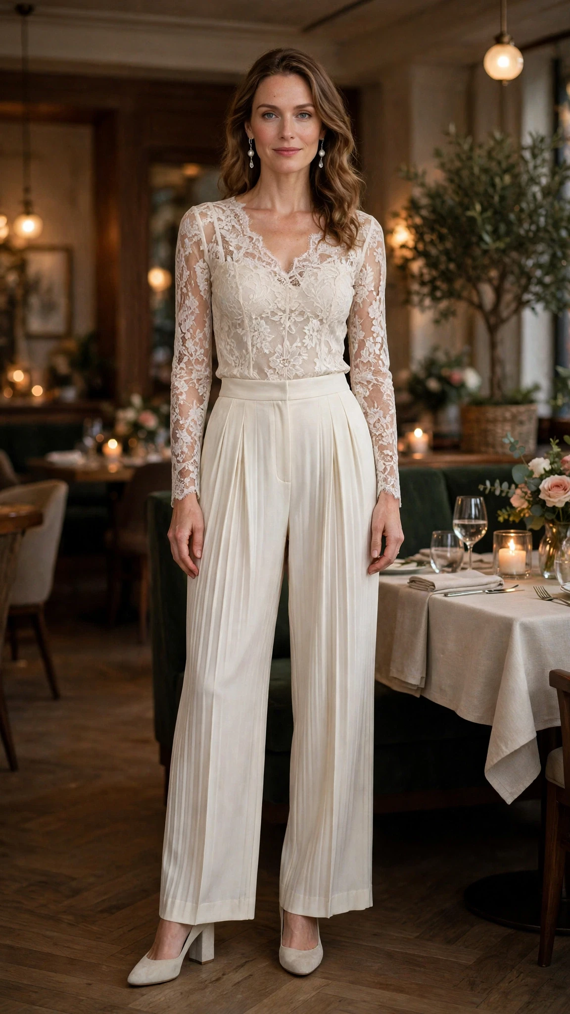 Ivory lace top and pleated trouser outfit with comfortable block heels and silver drop earrings