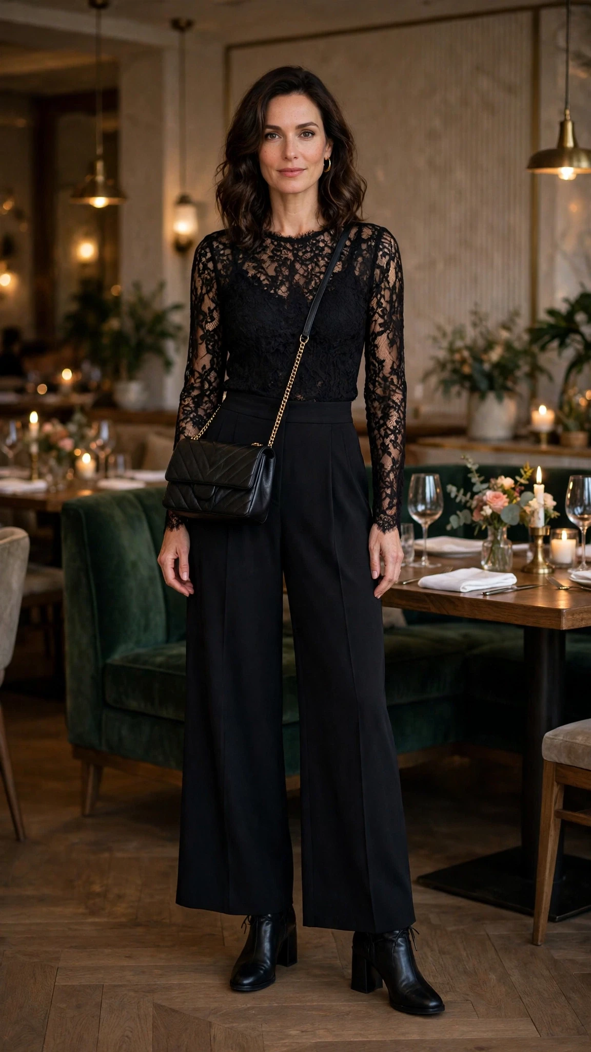 Black lace top and wide-leg trouser outfit with block-heel ankle boots and a chic crossbody bag
