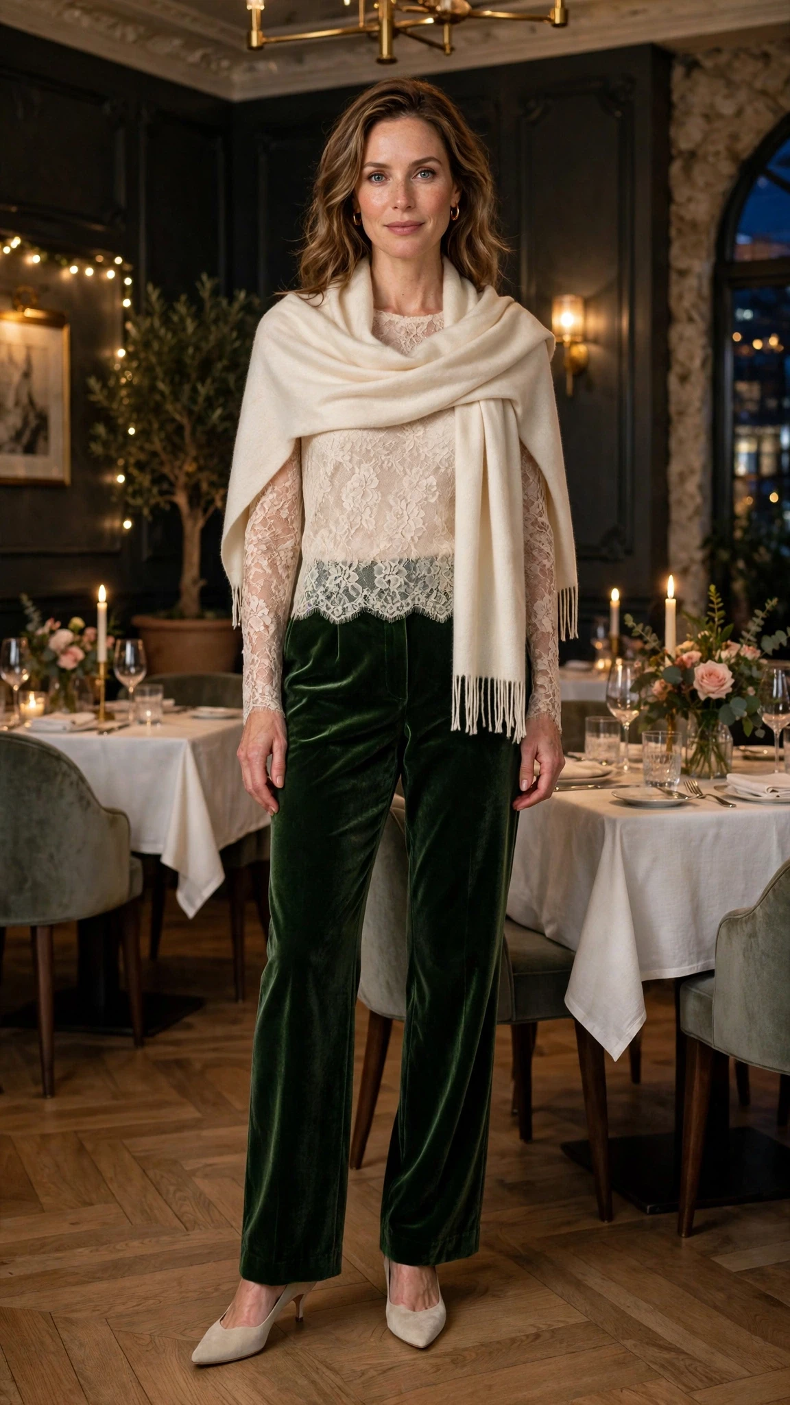 Cream lace top and velvet trouser outfit with kitten heels and a cashmere wrap