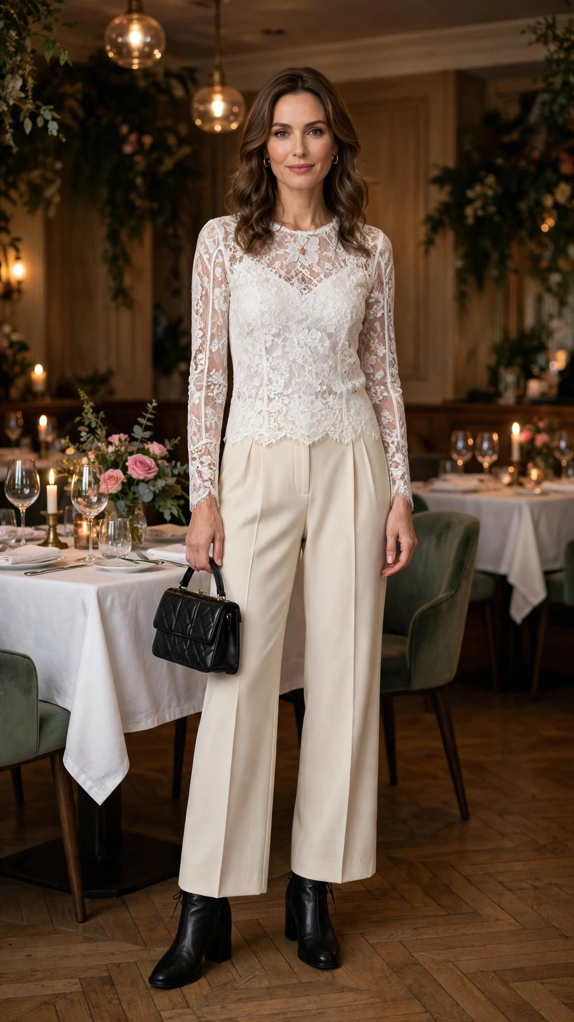 White lace top and crepe trouser outfit with block-heel ankle boots and a small structured clutch