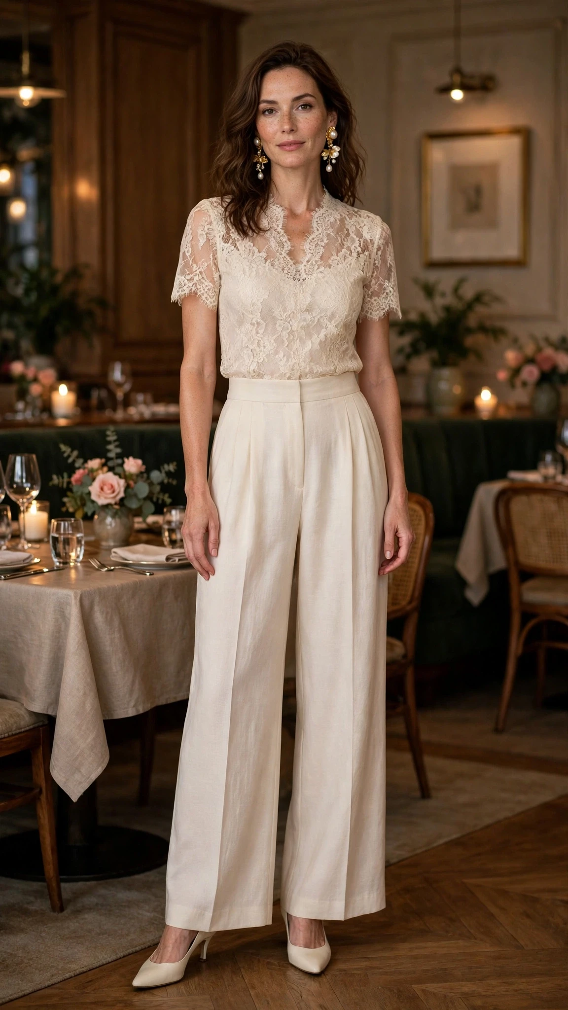 Cream lace top and wide-leg trouser outfit with kitten heels and statement earrings
