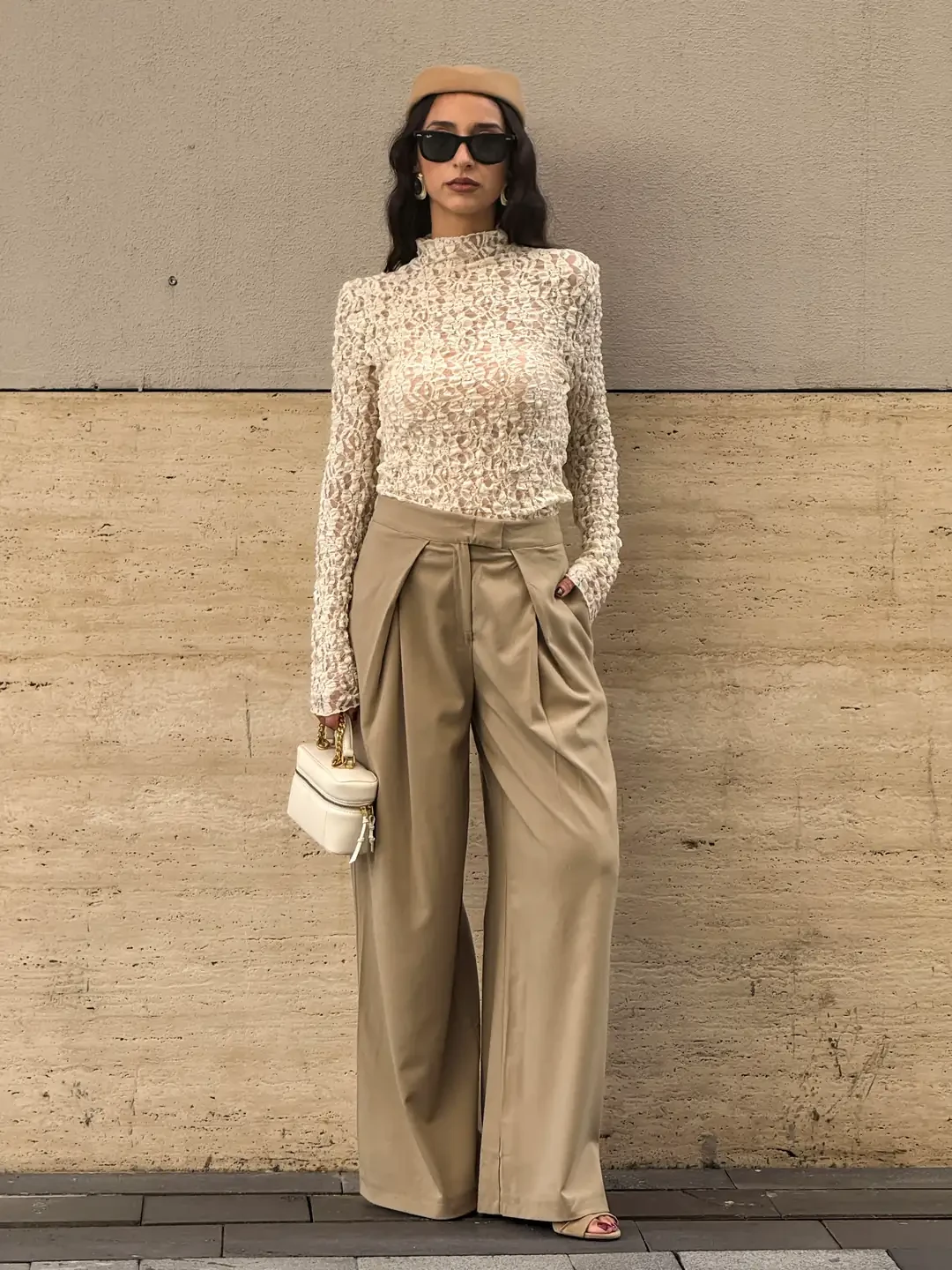 Champagne lace top and slim trouser outfit with pointed mules and a silk scarf