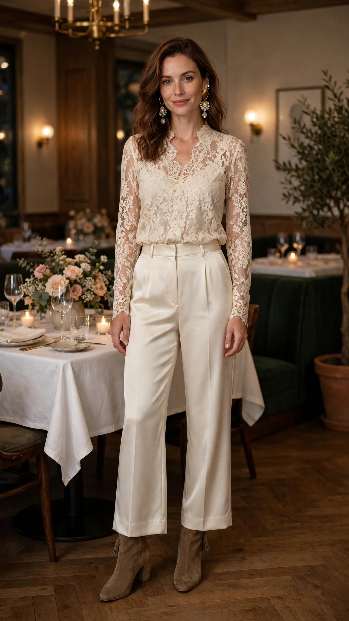Cream lace top and satin trouser outfit with suede ankle boots and statement earrings