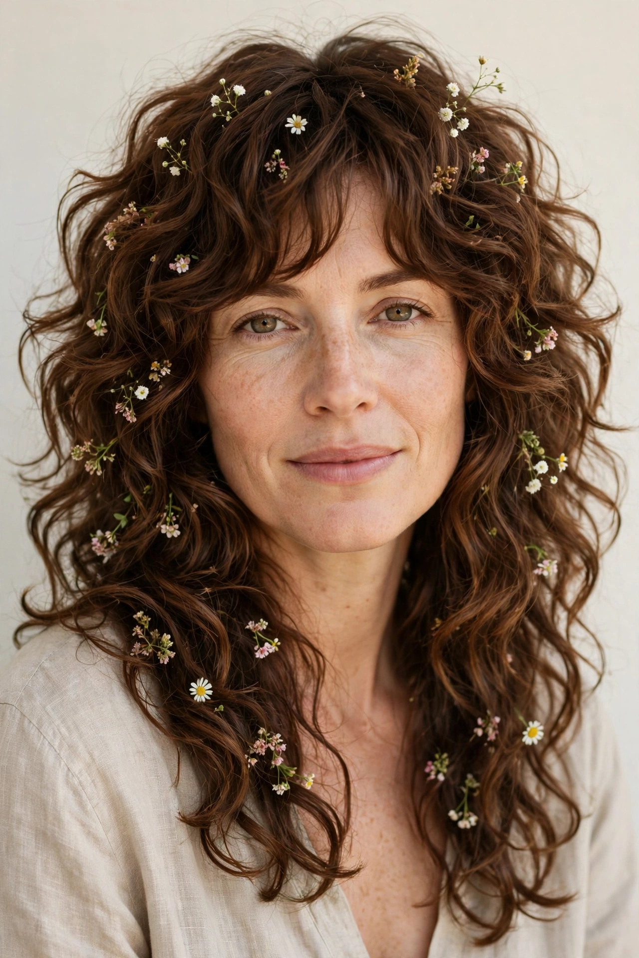 Chestnut Layered Shag Haircuts for Curly Hair with Defined Shape with Tiny Fresh Flowers