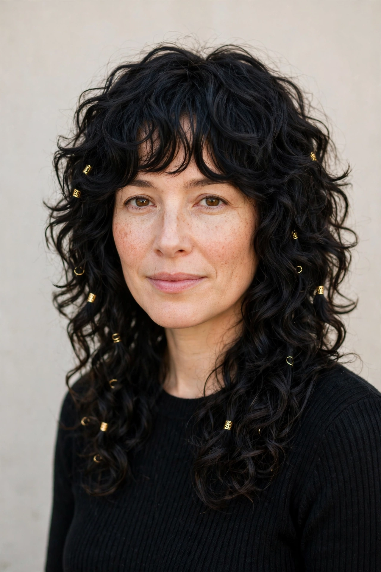 Soft Black Layered Shag Haircuts for Curly Hair with Defined Shape with Small Gold Cuffs