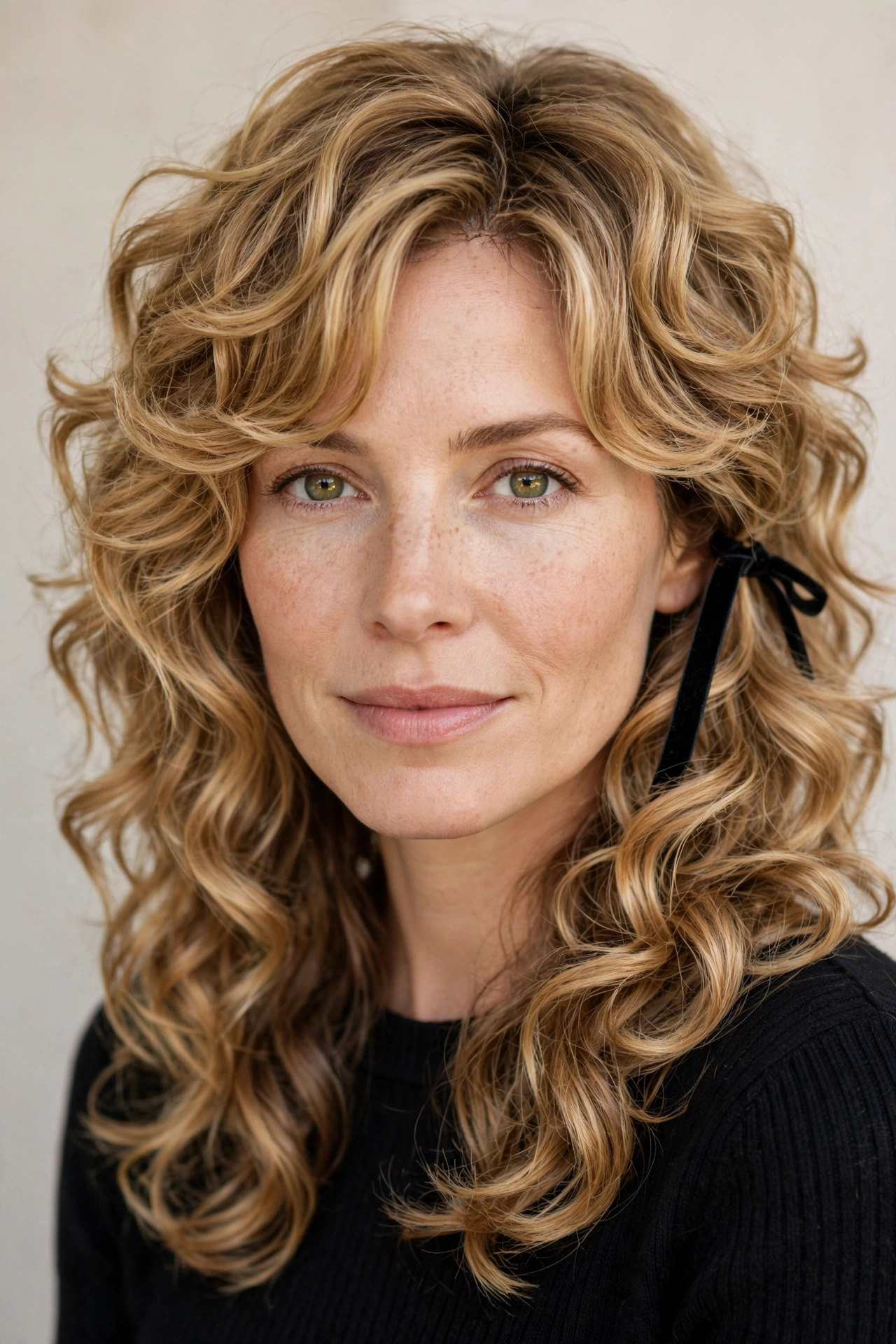 Layered Shag Haircuts for Curly Hair with Defined Shape in honey blonde with a smooth and polished finish
