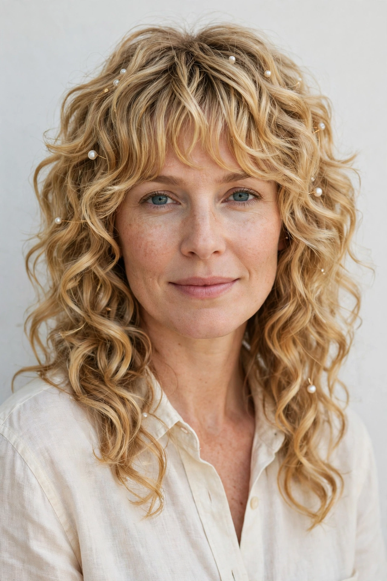 Golden Blonde Layered Shag Haircuts for Curly Hair with Defined Shape with Delicate Pearl Pins