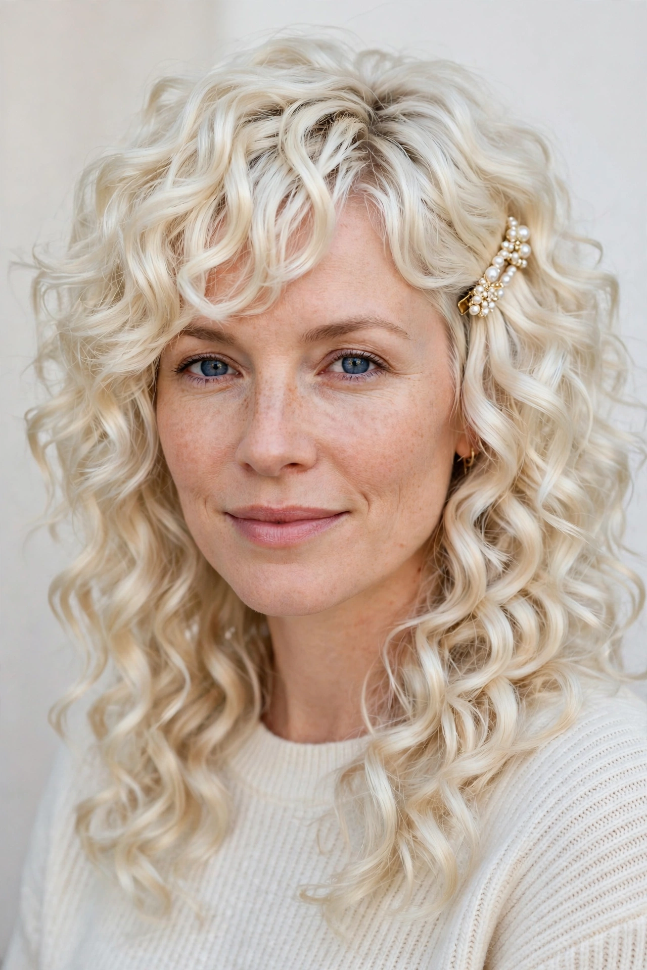 Layered Shag Haircuts for Curly Hair with Defined Shape in platinum blonde with a glossy and neat finish