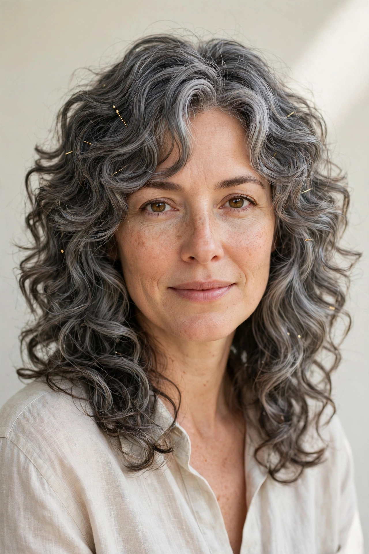 Soft Grey-Blended Layered Shag Haircuts for Curly Hair with Defined Shape with Minimal Gold Pins