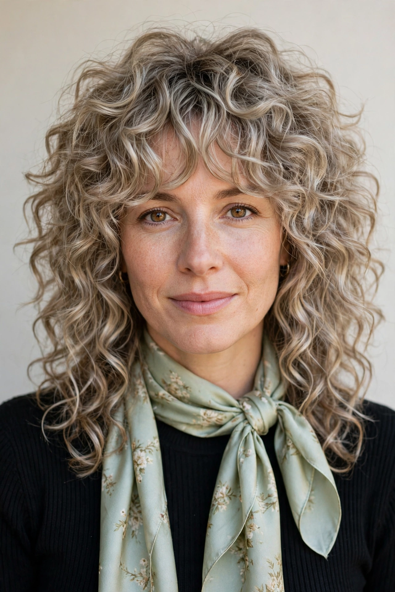 Layered Shag Haircuts for Curly Hair with Defined Shape in ash blonde with a voluminous at the roots finish