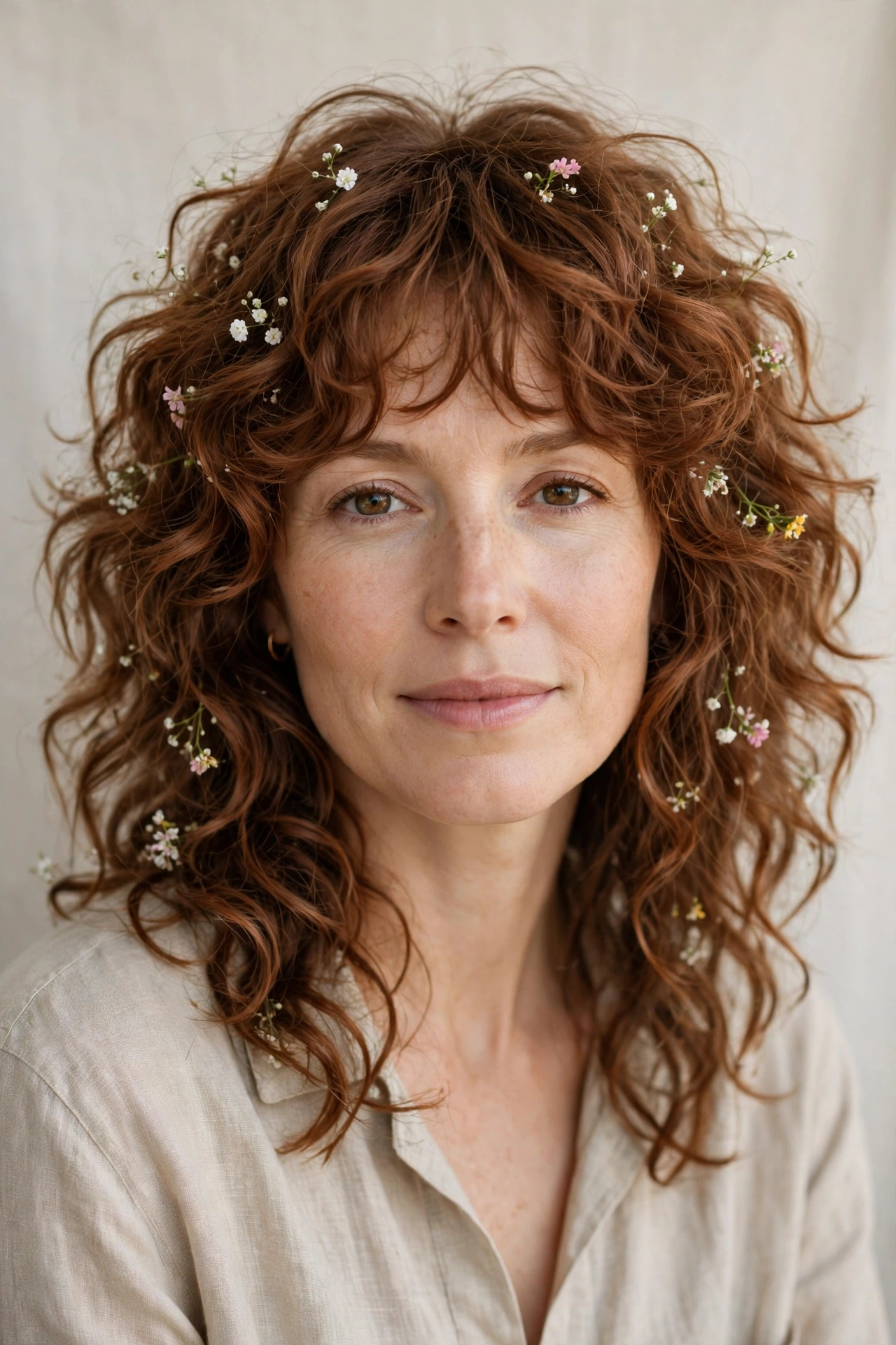 Soft Auburn Layered Shag Haircuts for Curly Hair with Defined Shape with Tiny Fresh Flowers