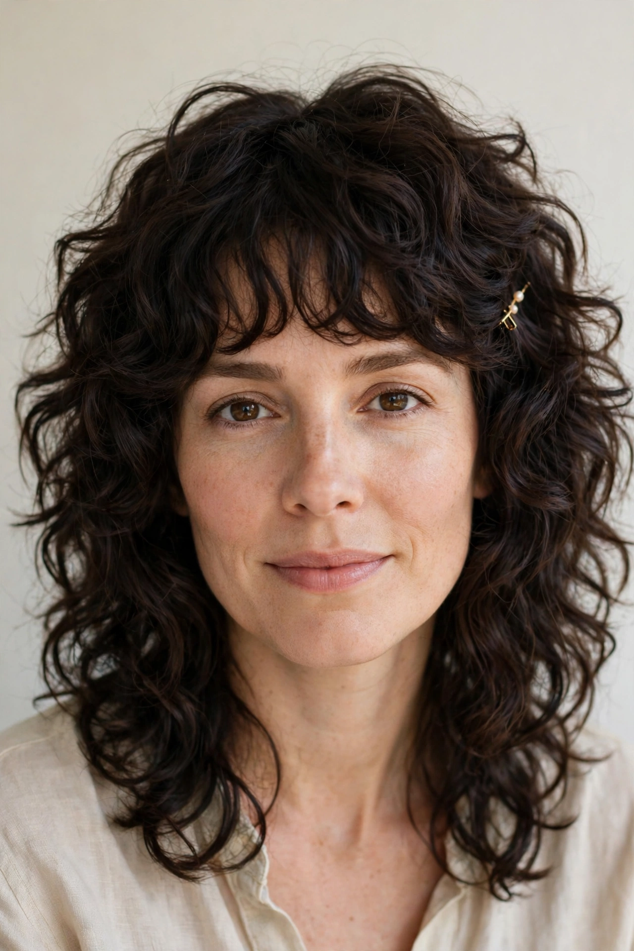 Layered Shag Haircuts for Curly Hair with Defined Shape in deep brunette with a gently tousled finish