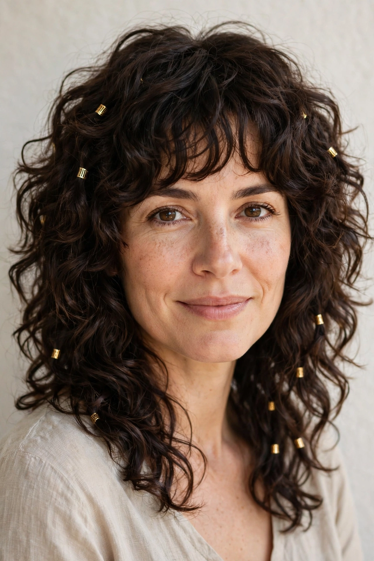 Dark Chocolate Layered Shag Haircuts for Curly Hair with Defined Shape with Small Gold Cuffs