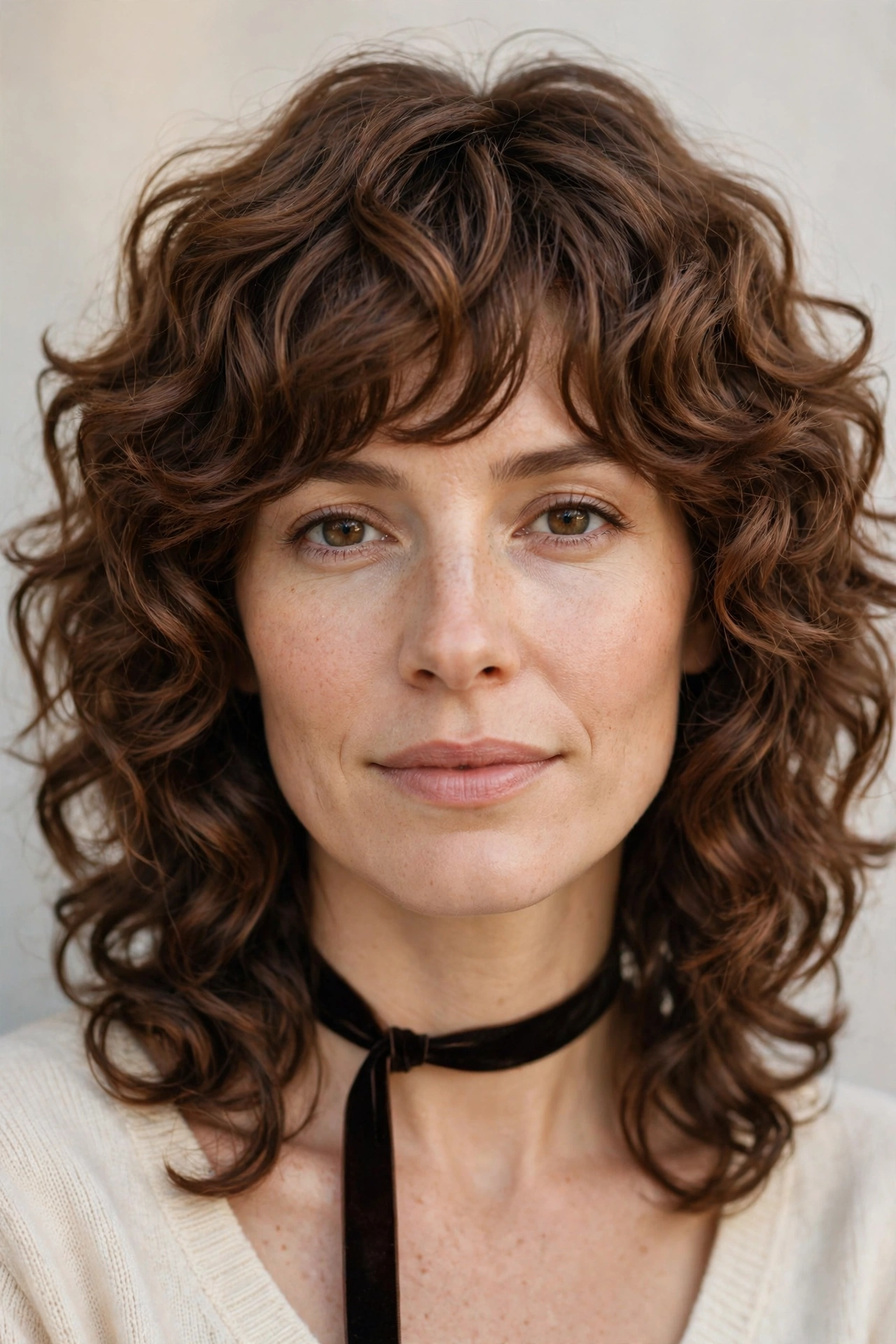 Layered Shag Haircuts for Curly Hair with Defined Shape in warm brown with a smooth and polished finish