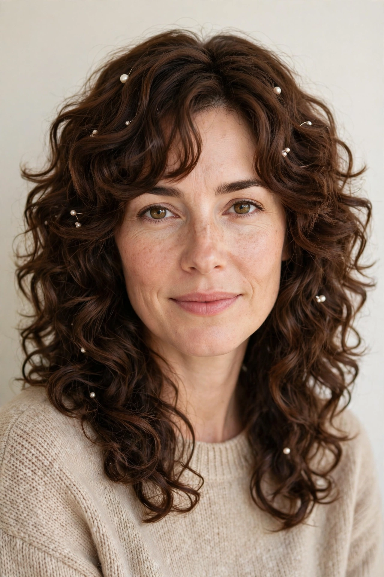 Chestnut Layered Shag Haircuts for Curly Hair with Defined Shape with Delicate Pearl Pins