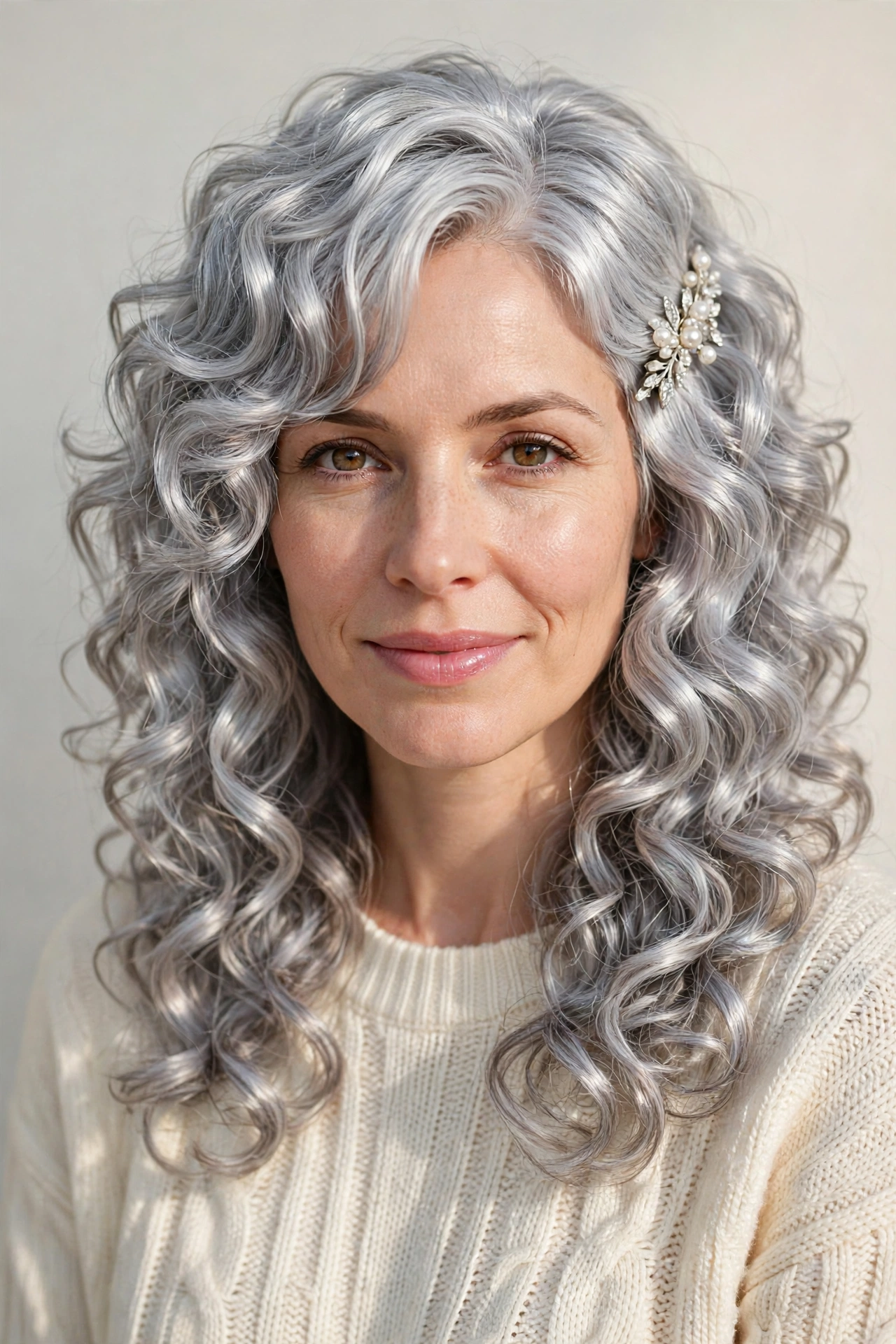 Layered Shag Haircuts for Curly Hair with Defined Shape in silver with a glossy and neat finish