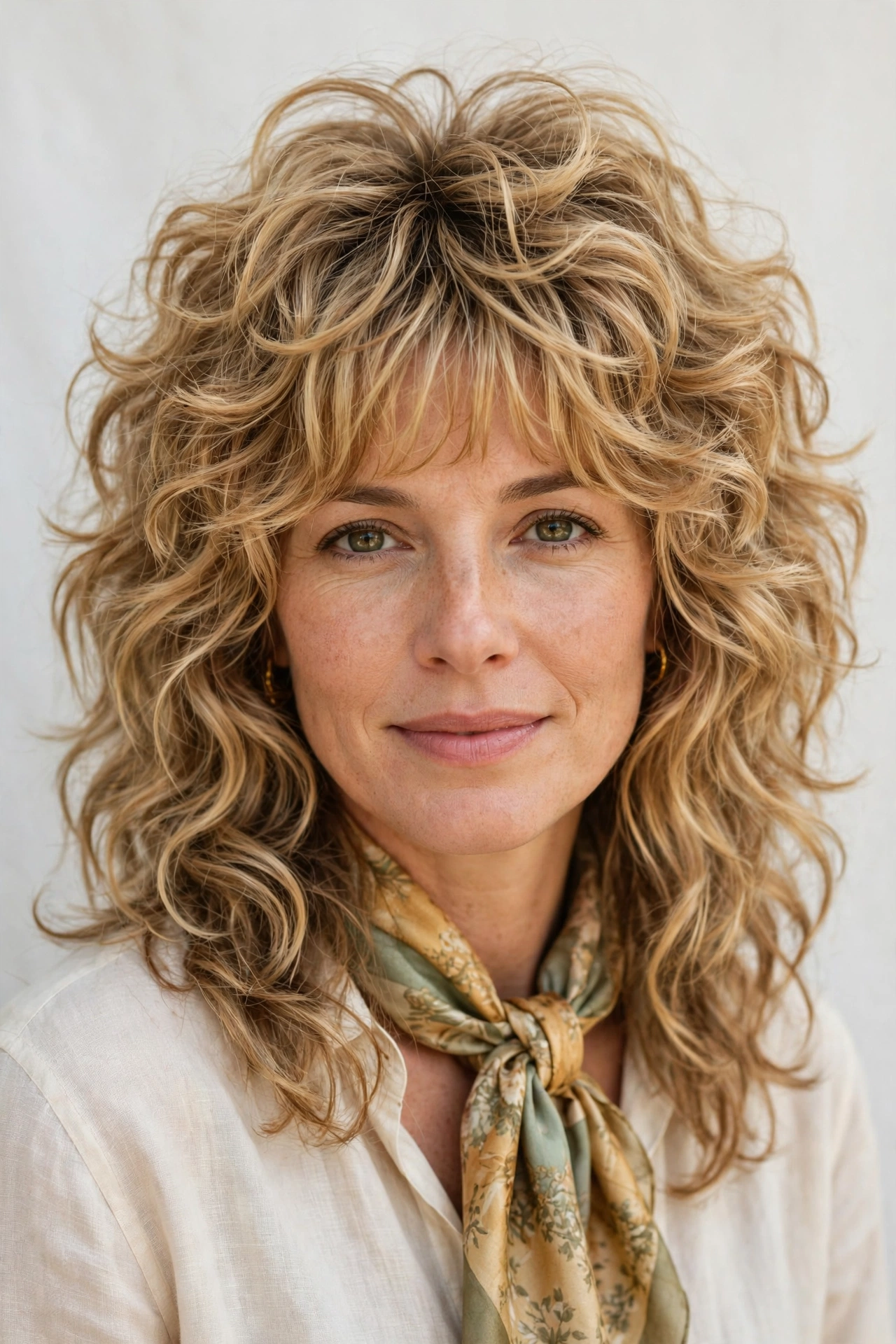 Layered Shag Haircuts for Curly Hair with Defined Shape in honey blonde with a voluminous at the roots finish