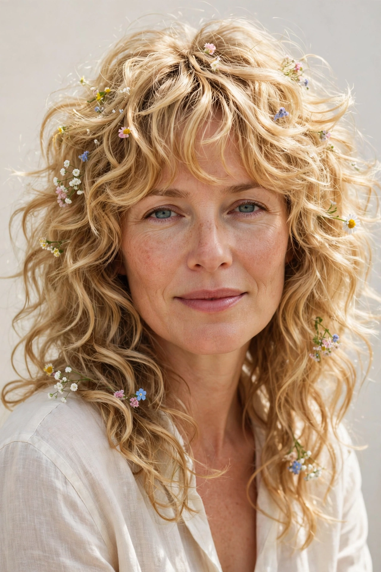 Golden Blonde Layered Shag Haircuts for Curly Hair with Defined Shape with Tiny Fresh Flowers