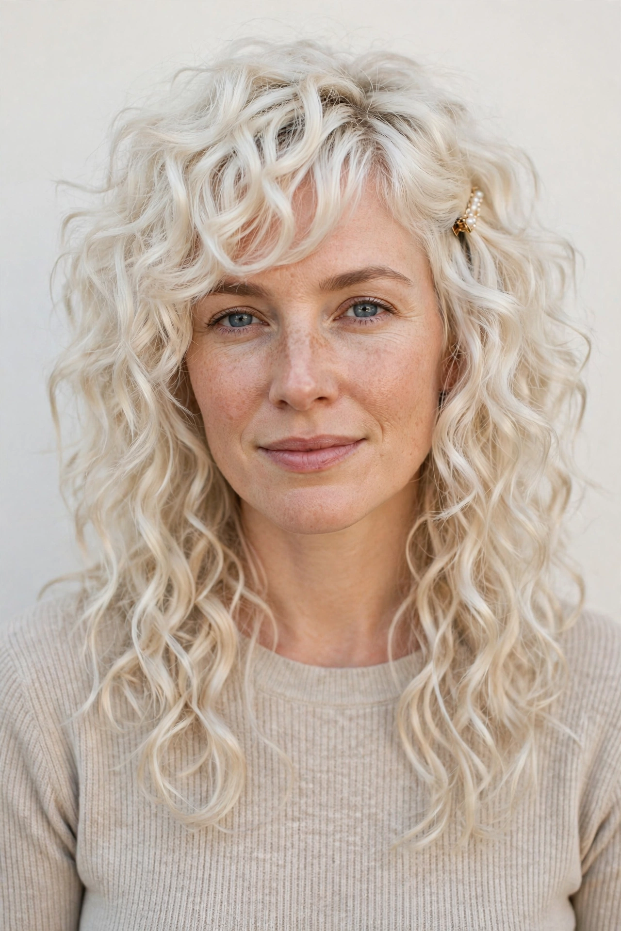 Layered Shag Haircuts for Curly Hair with Defined Shape in platinum blonde with a gently tousled finish