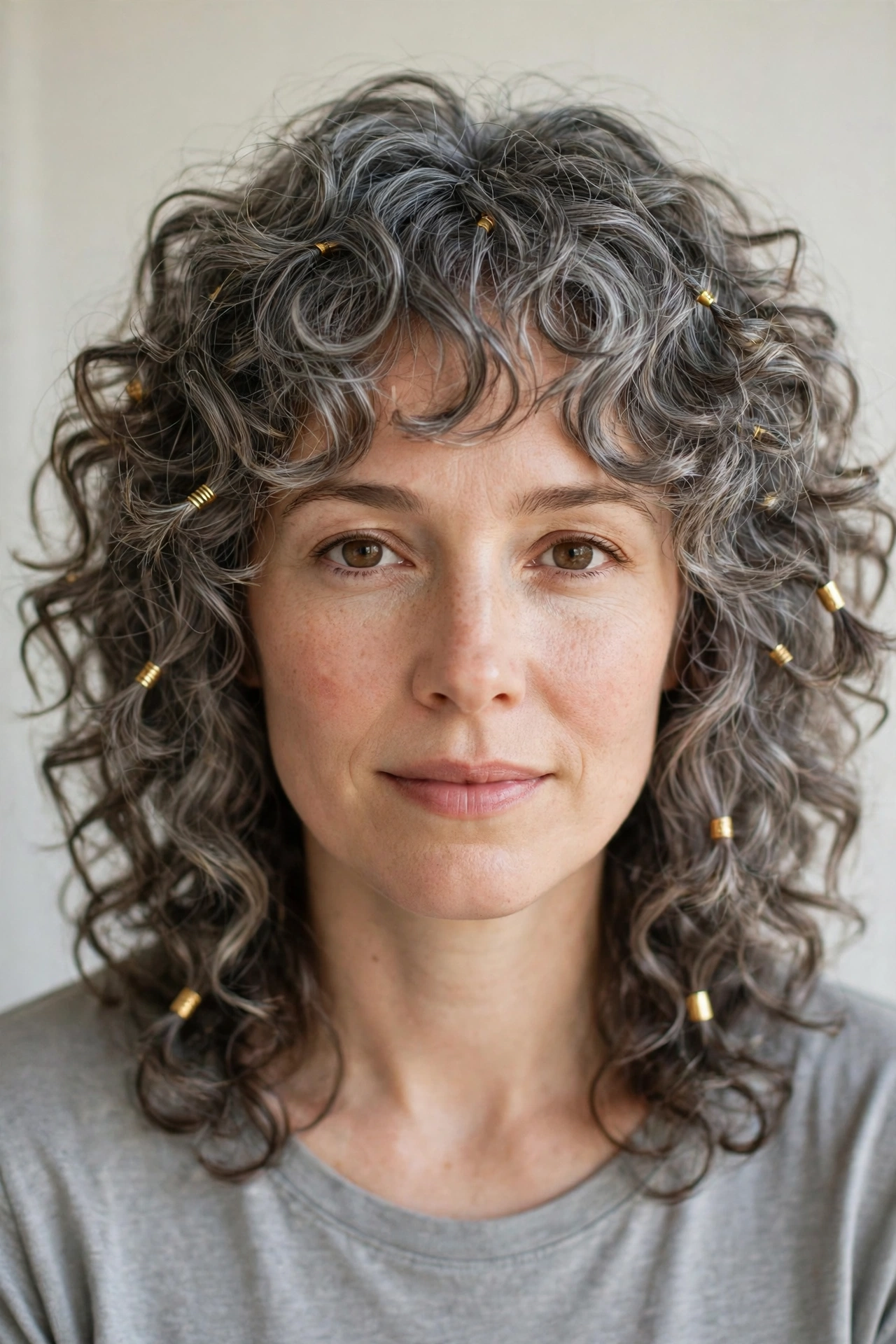 Soft Grey-Blended Layered Shag Haircuts for Curly Hair with Defined Shape with Small Gold Cuffs