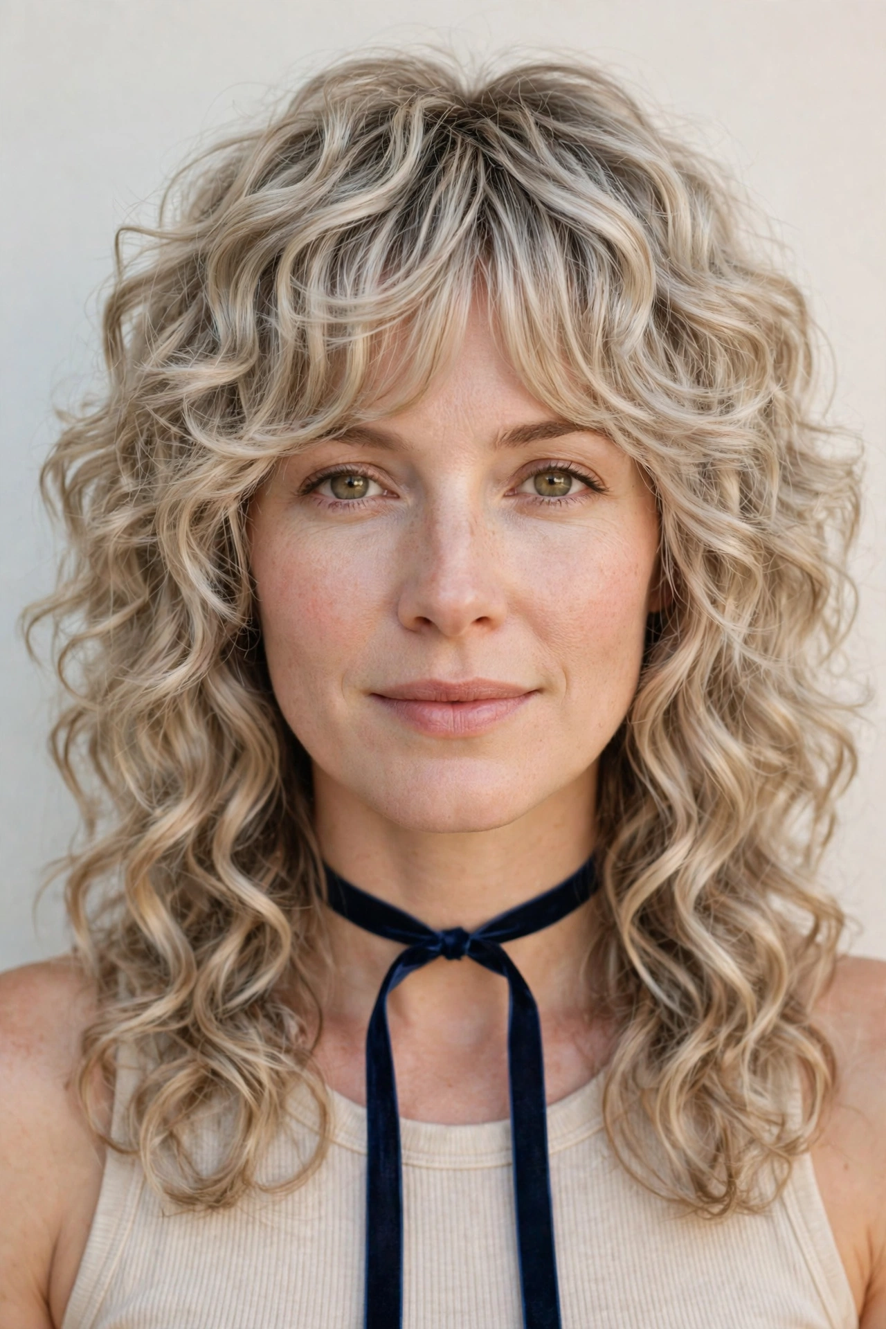 Layered Shag Haircuts for Curly Hair with Defined Shape in ash blonde with a smooth and polished finish