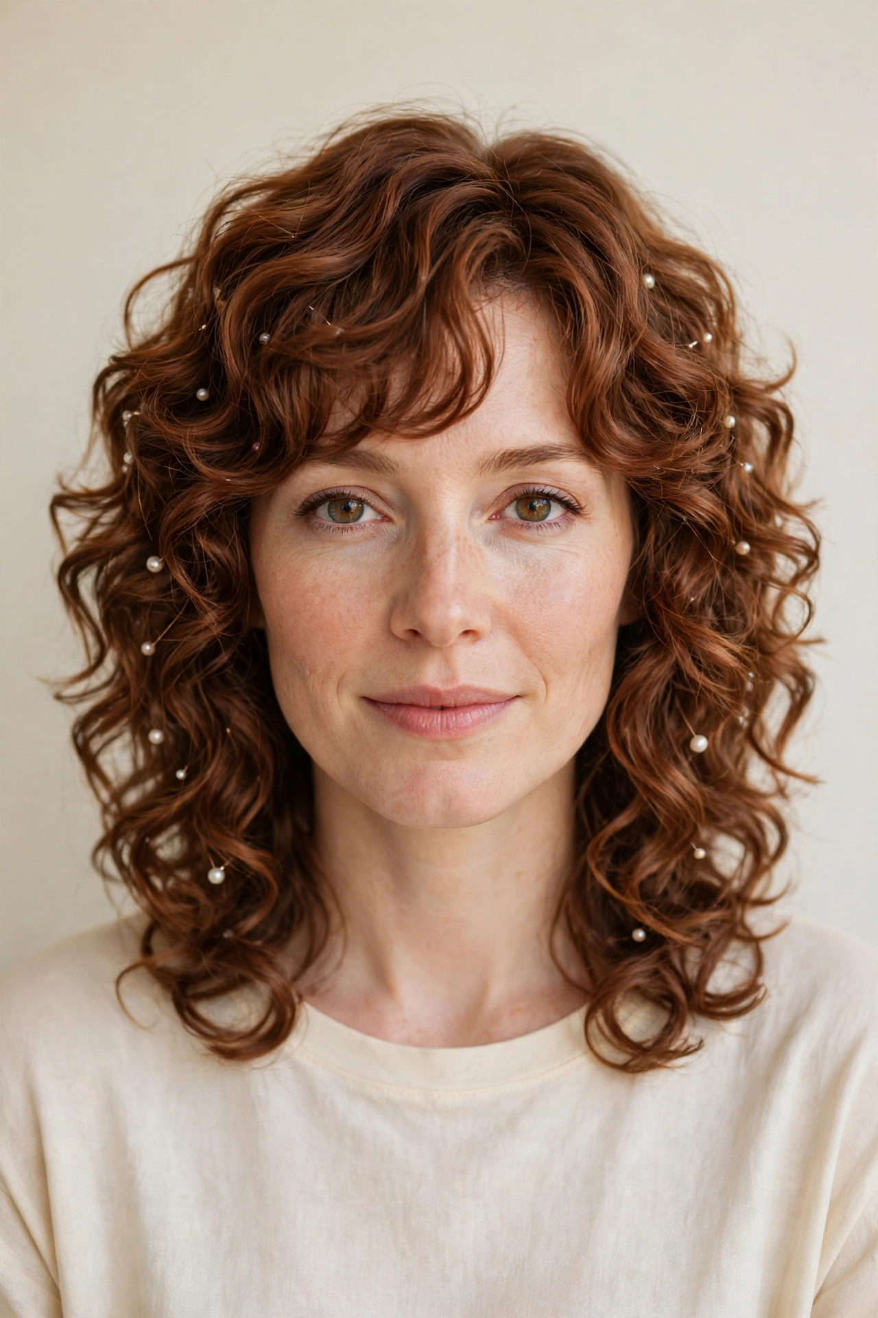 Soft Auburn Layered Shag Haircuts for Curly Hair with Defined Shape with Delicate Pearl Pins