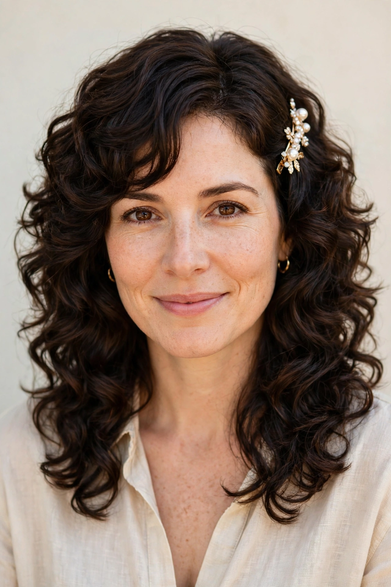 Layered Shag Haircuts for Curly Hair with Defined Shape in deep brunette with a glossy and neat finish