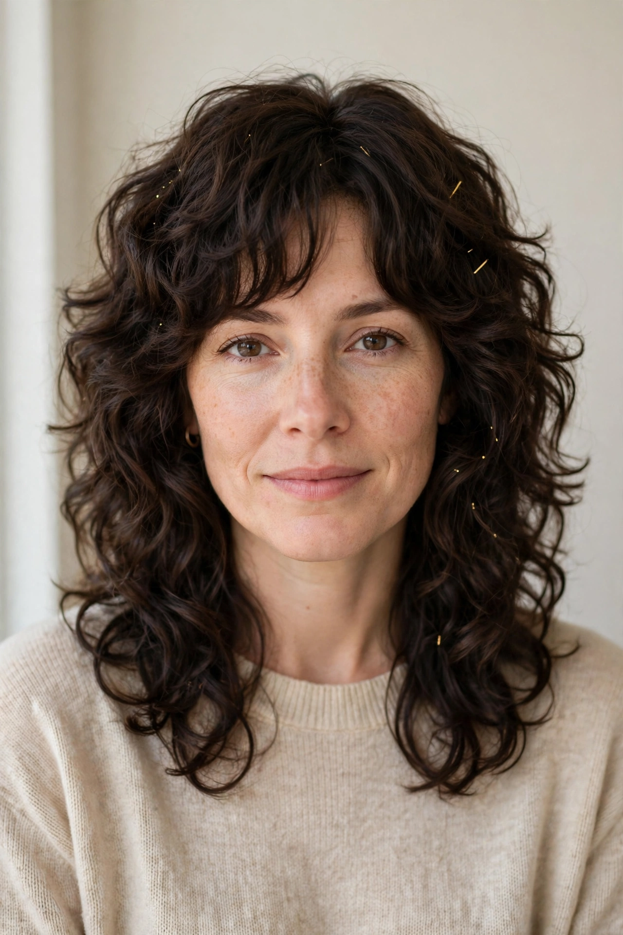 Dark Chocolate Layered Shag Haircuts for Curly Hair with Defined Shape with Minimal Gold Pins