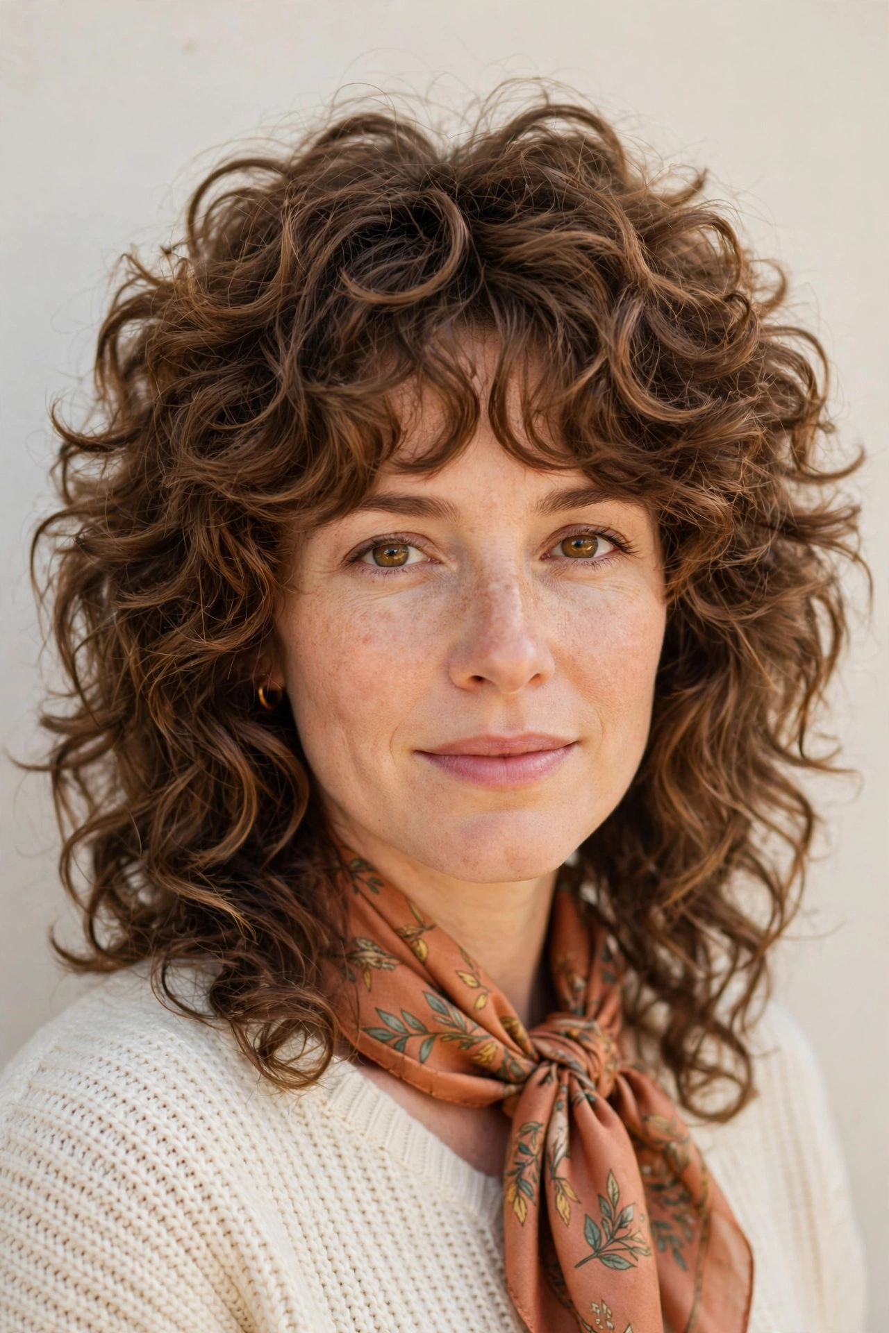 Layered Shag Haircuts for Curly Hair with Defined Shape in warm brown with a voluminous at the roots finish
