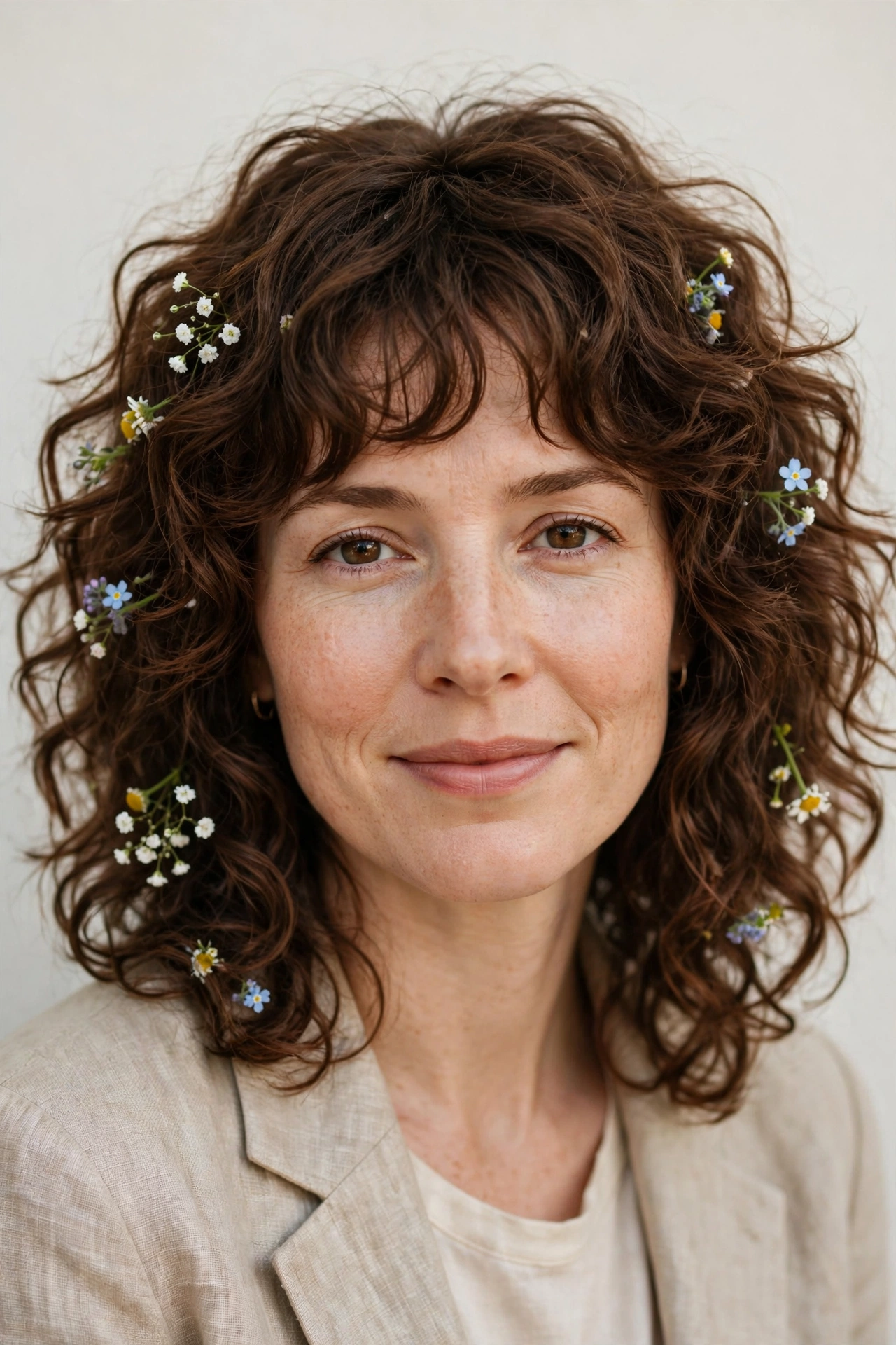 Chestnut Layered Shag Haircuts for Curly Hair with Defined Shape with Tiny Fresh Flowers