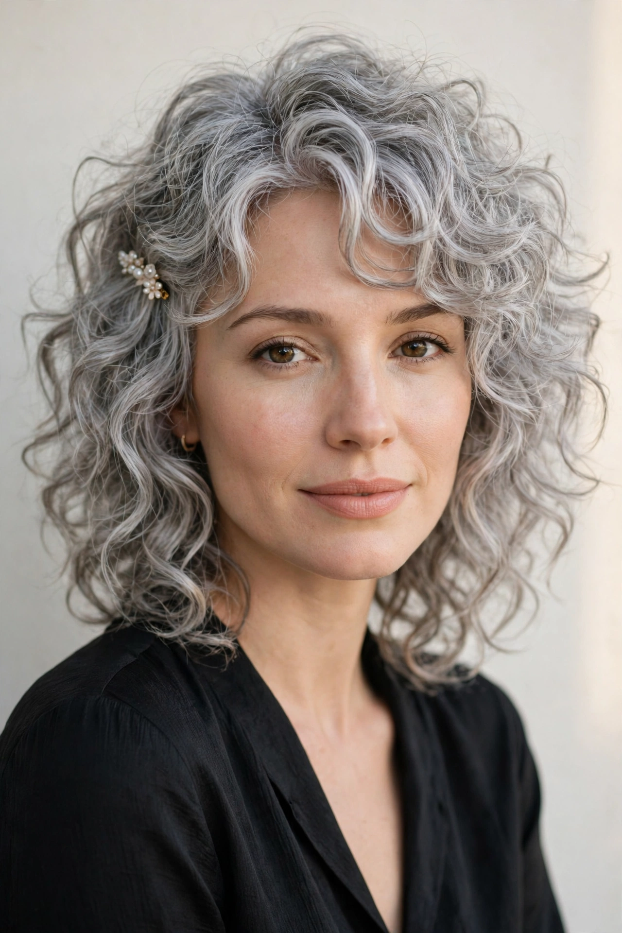 Layered Shag Haircuts for Curly Hair with Defined Shape in silver with a gently tousled finish