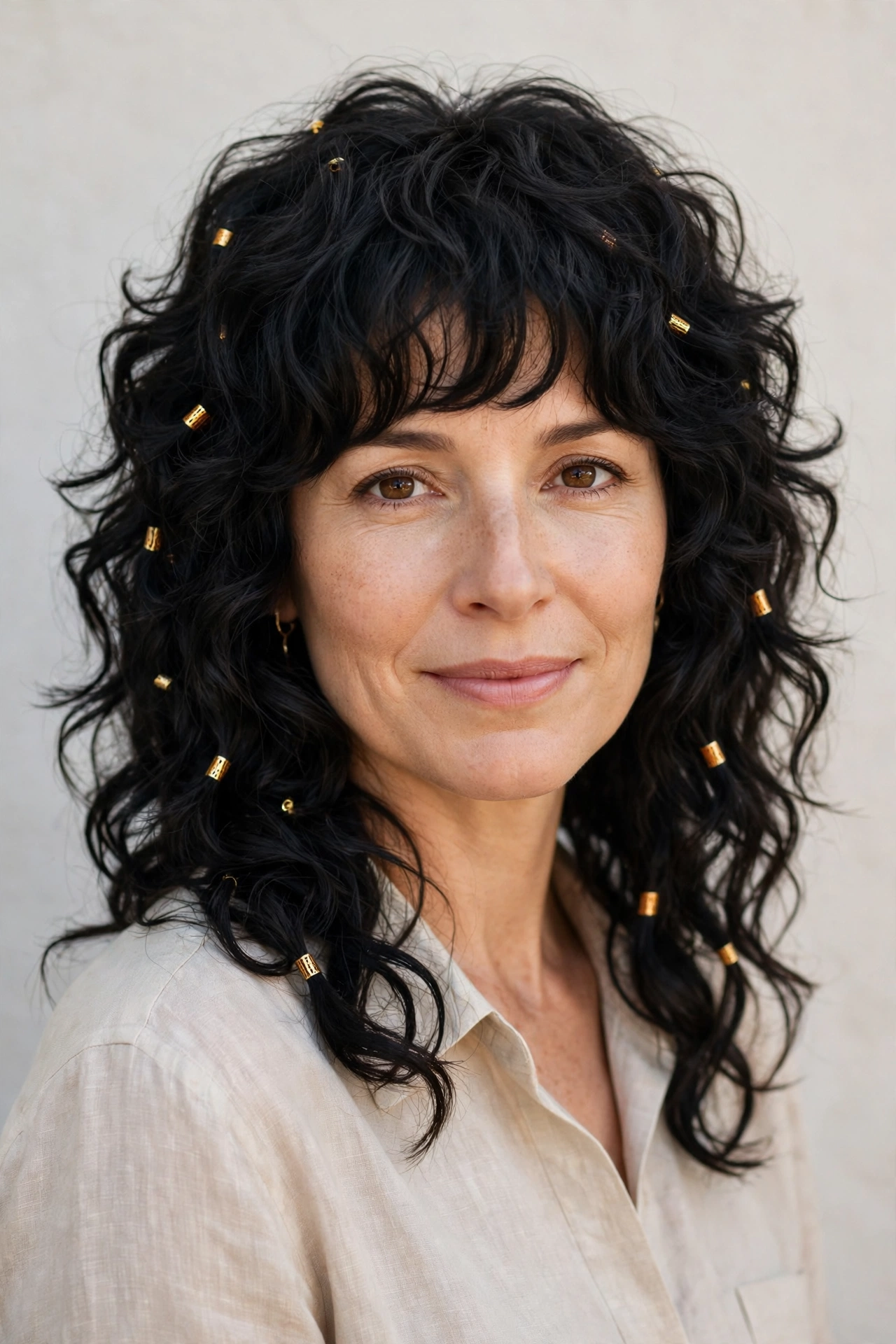 Soft Black Layered Shag Haircuts for Curly Hair with Defined Shape with Small Gold Cuffs
