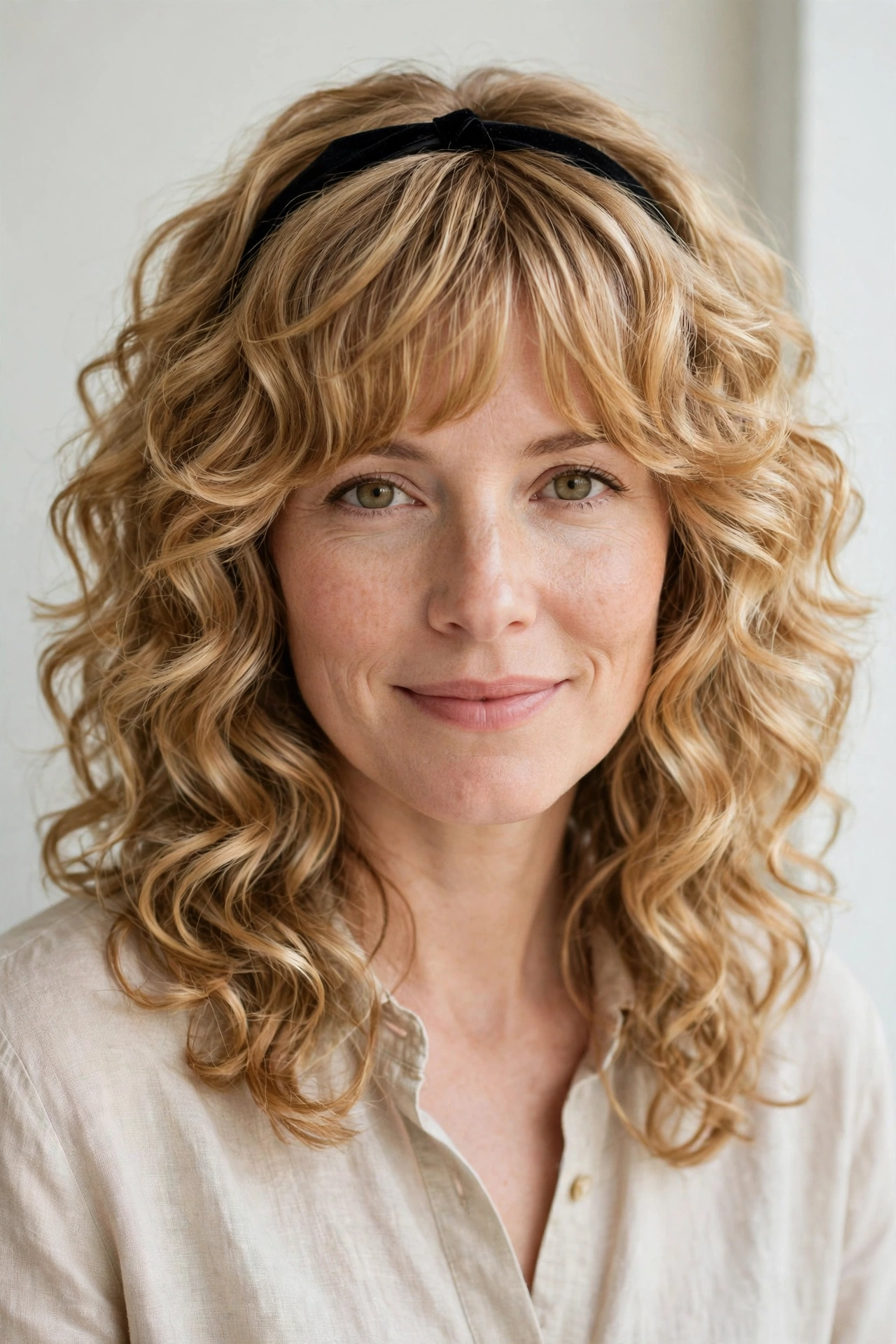 Layered Shag Haircuts for Curly Hair with Defined Shape in honey blonde with a smooth and polished finish
